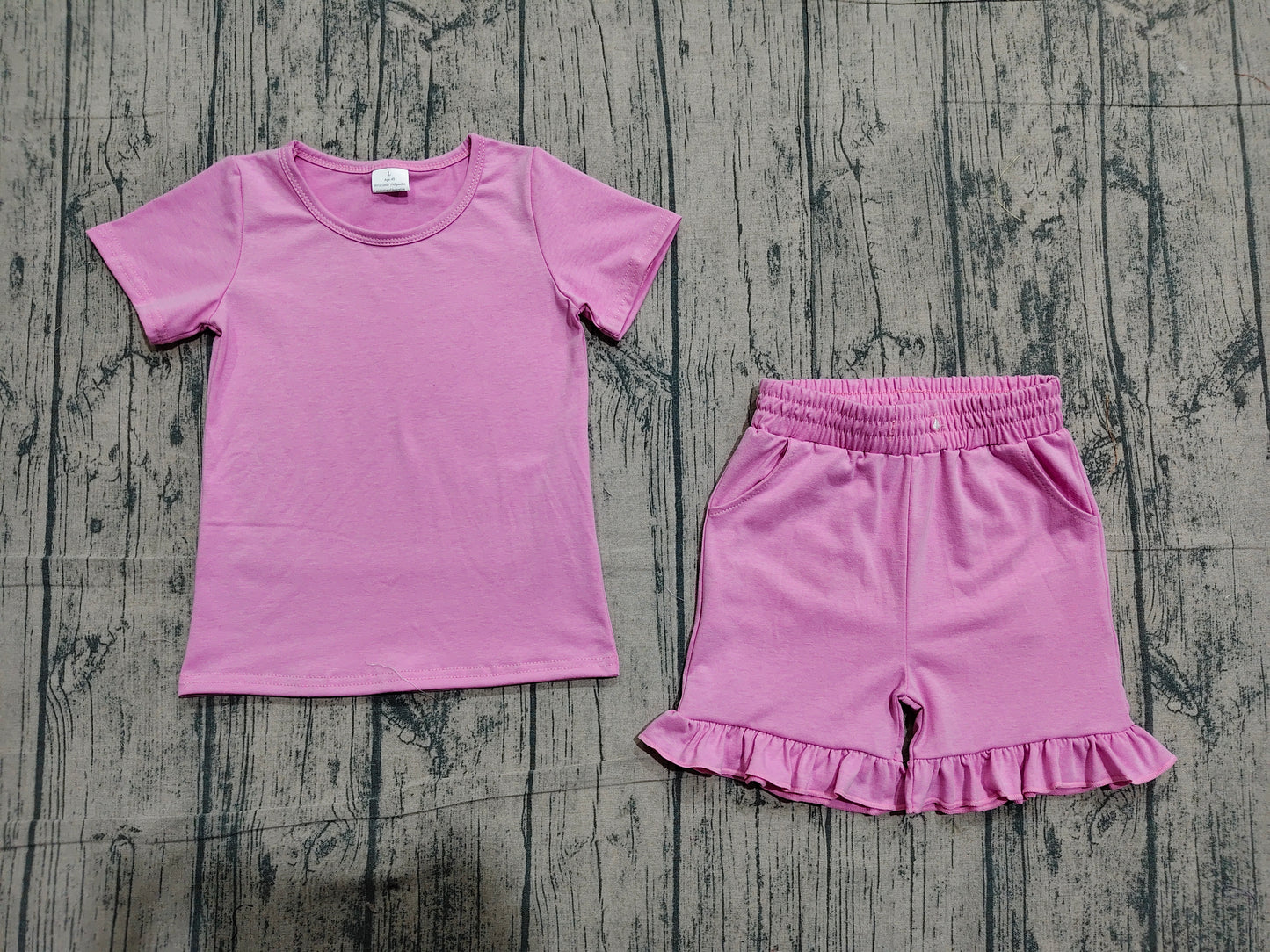 (Pre Order) No moq GSSO3348 Baby Girls Cute Sweet Pink Short Sleeve Top Ruffle Hem Two Piece Set