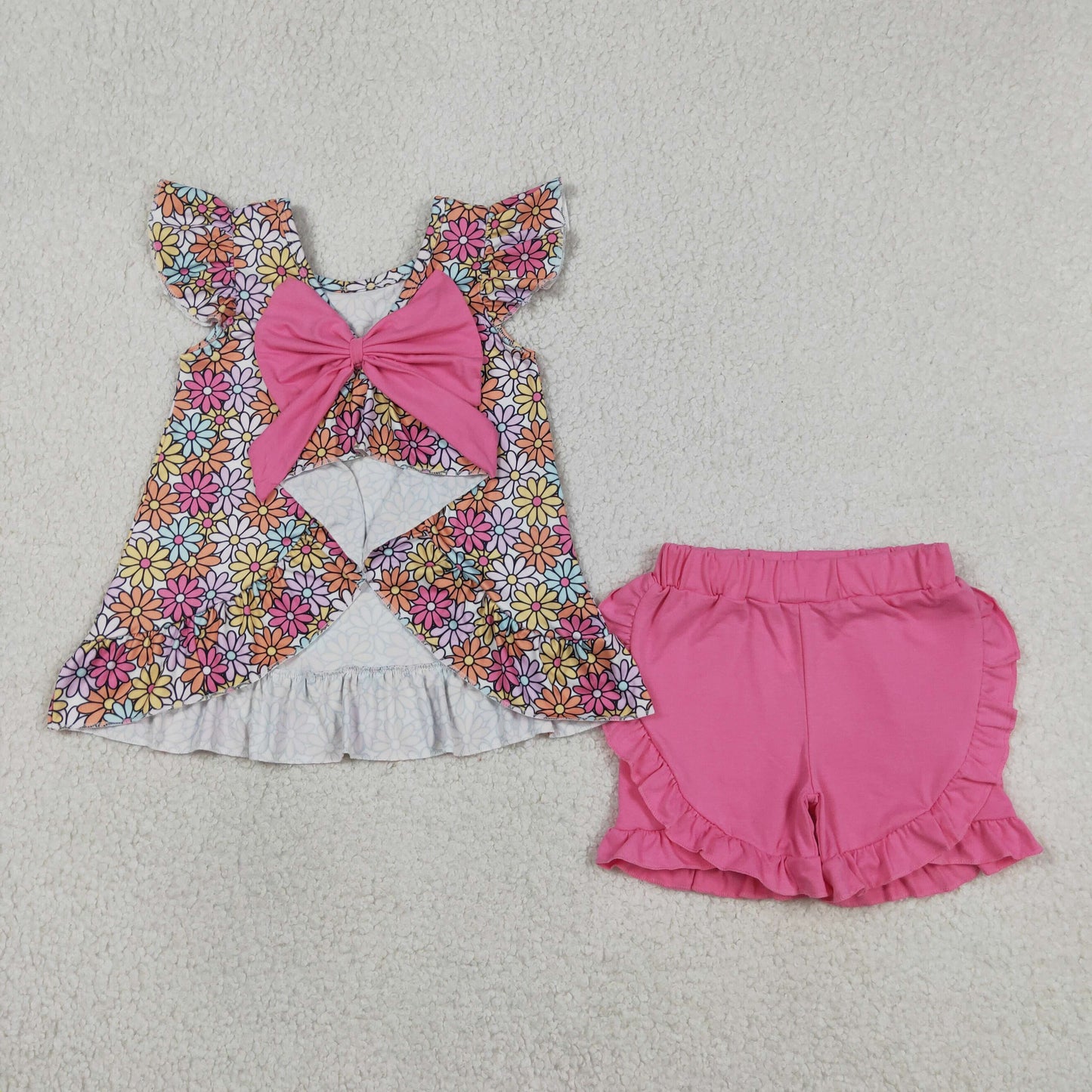 RTS NO MOQ Sibling Baby Girls Colorful Daisy Print Back Bow Tunic Ruffle Shorts Set Ruffle Rompers