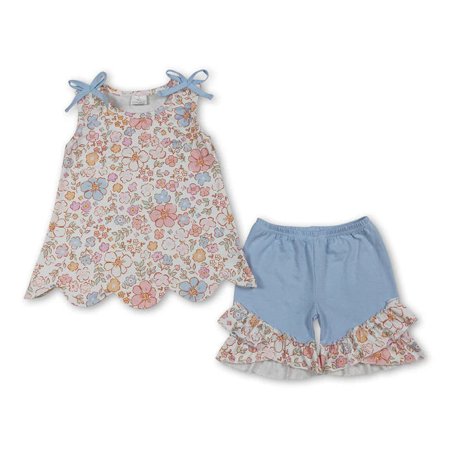 RTS NO MOQ Milk Silk Sibling Baby Girls Colorful Flowers Scallop Tunic Ruffle Short Clothes Sets