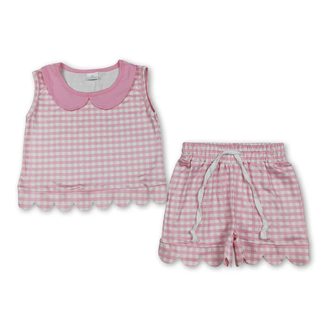 RTS NO MOQ Sibling milk silk Baby Girls Sleeveless Plaid Collar Scallop Two Piece Set