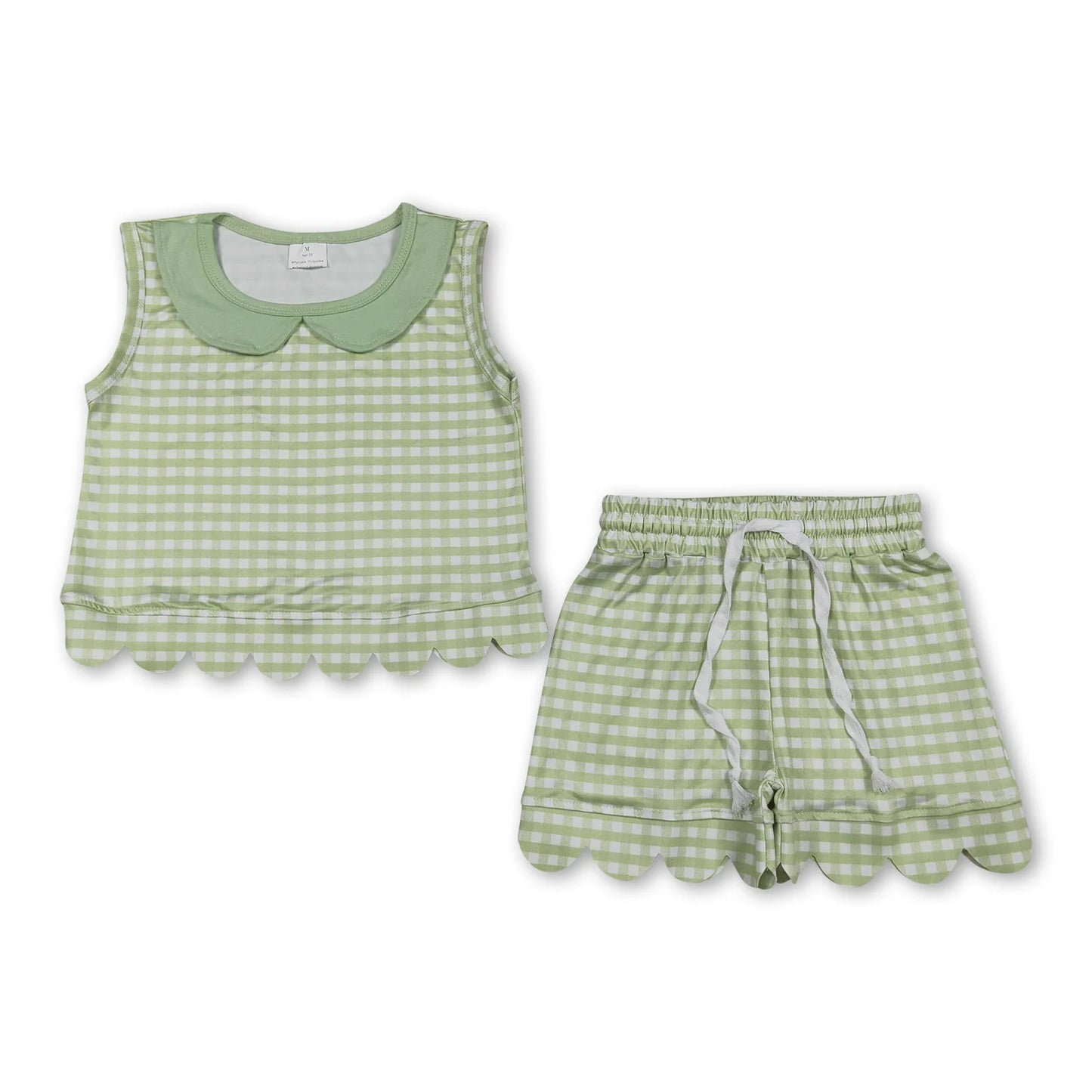 RTS NO MOQ Sibling milk silk Baby Girls Cute Check Collared Sleeveless Top Scallop Edge Shorts Clothes Set