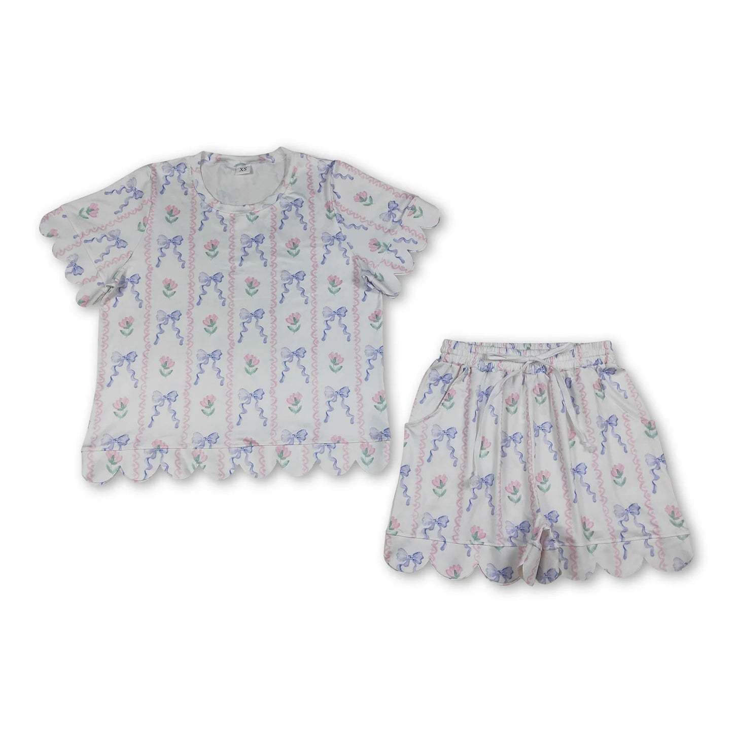 RTS NO MOQ Sibling milk silk Adult Women's Bows Flowers Stripe Short Sleeve Shirt Top with Pockets Short Scallop Clothes Set