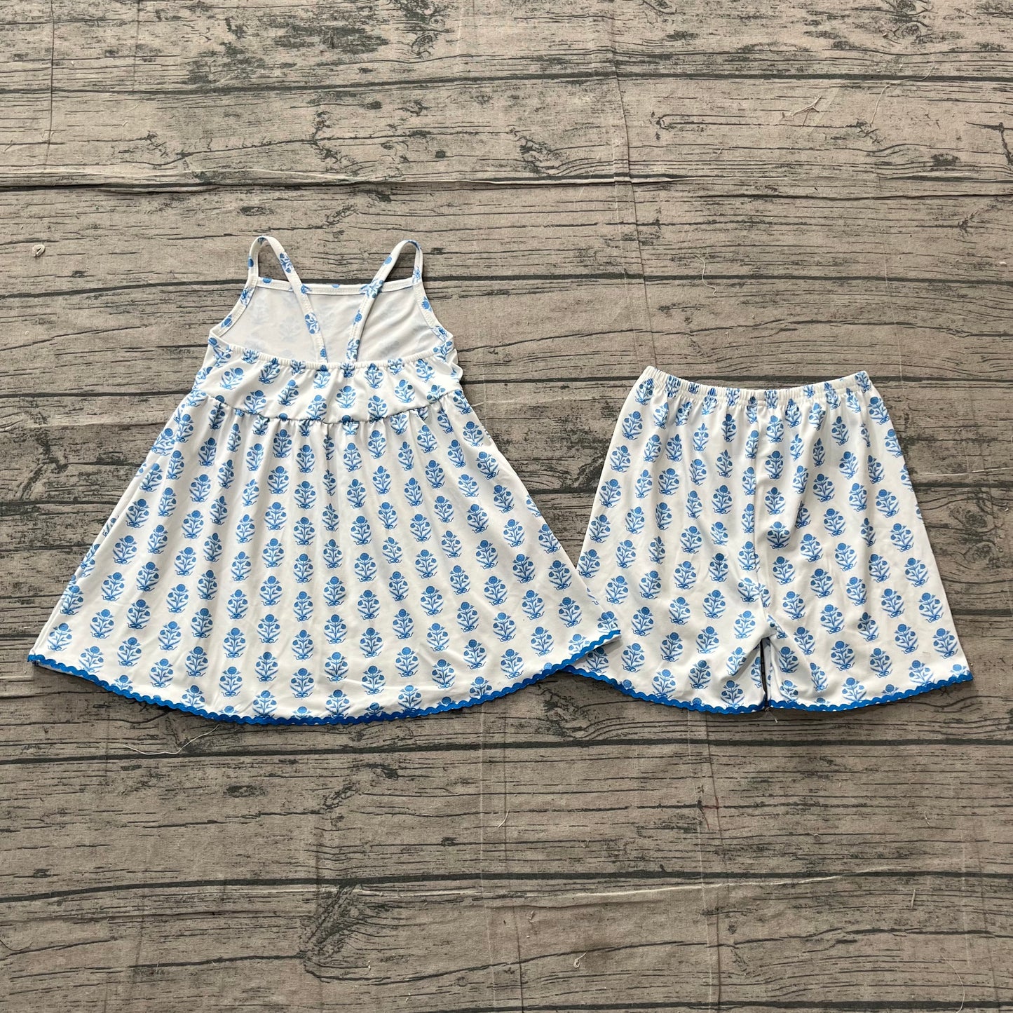 (Sample) No moq milk silk GSSO3416 Baby Girls Strap Blue Flowers Tunic Short Clothes Sets