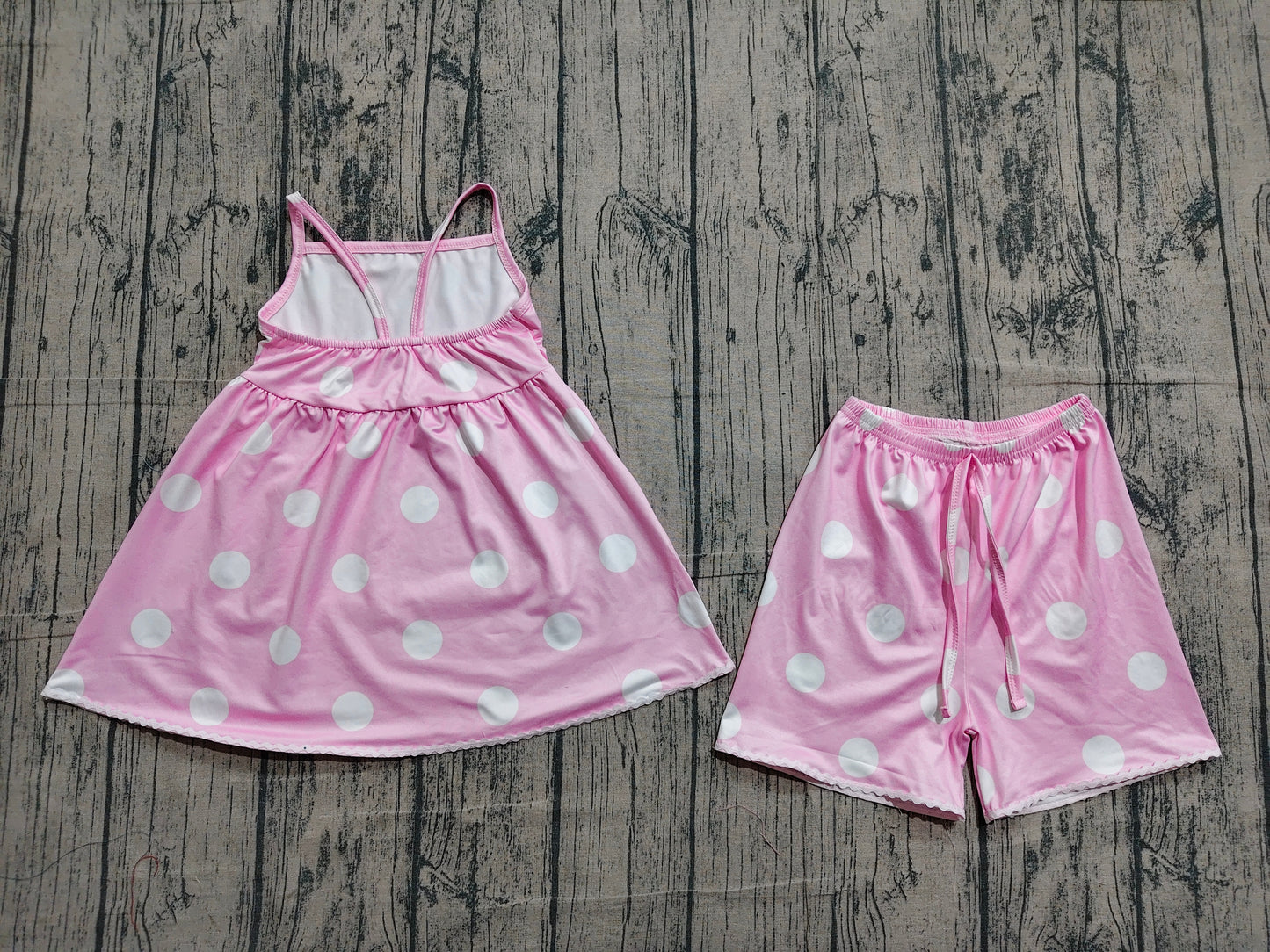 (Pre Order) No moq GSSO3417 Baby Girls Cute Pink Polka Dot Strap Top Casual Short Pants Outfit