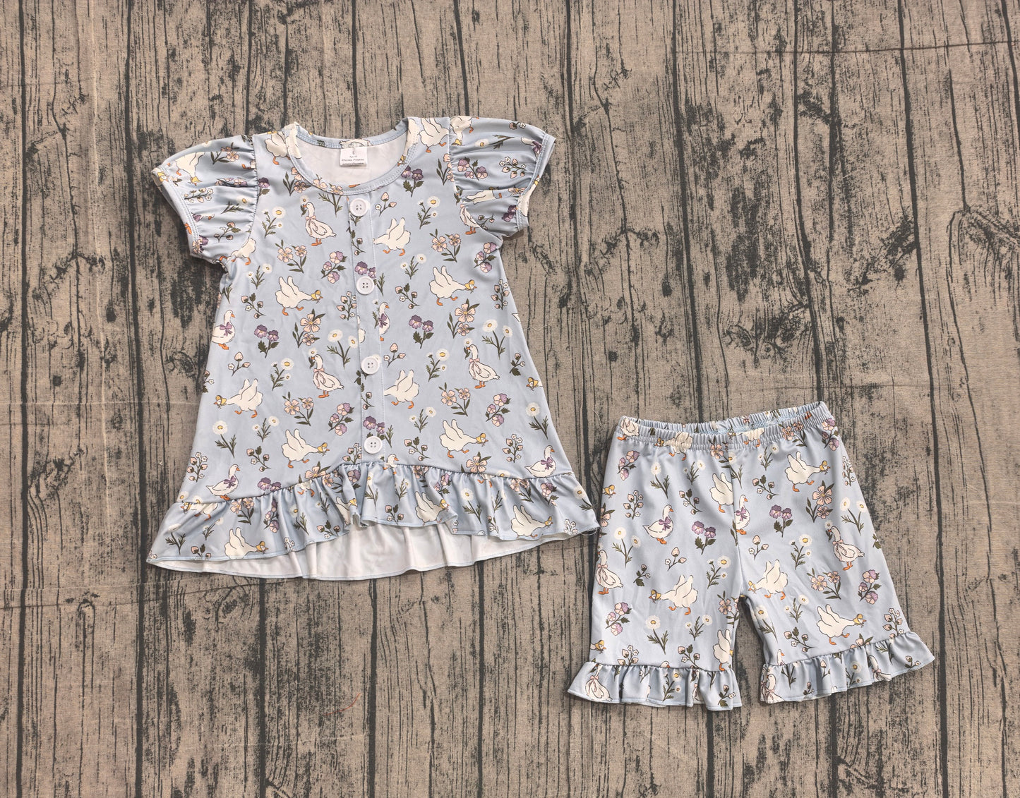 (Sample) No moq GSSO3433 Baby Girls Floral Goose Button Tunic Ruffle Short Sleeve Set