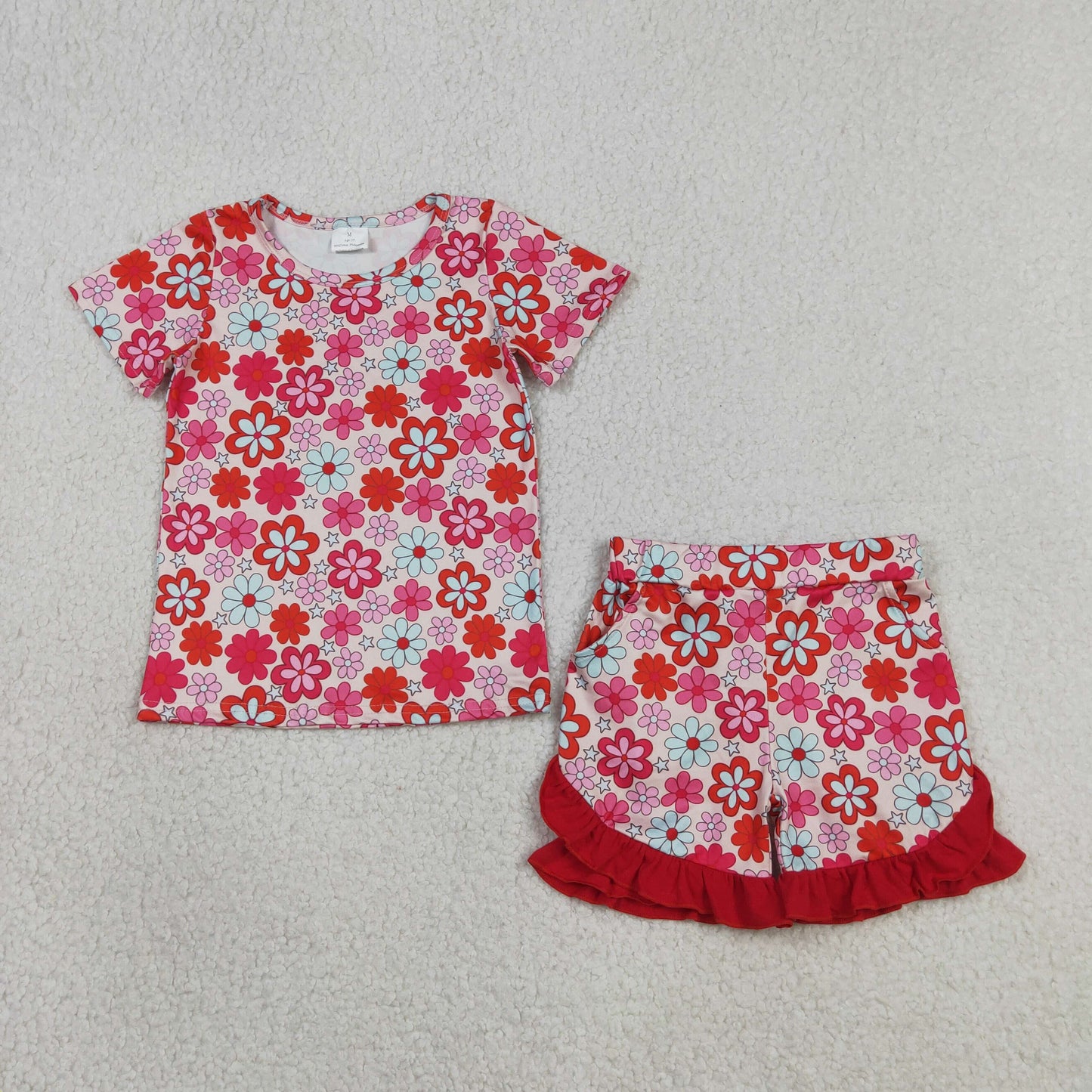 RTS NO MOQ Sibling Baby Girls Cute Colorful Flower Top Ruffle Shorts Casual Set