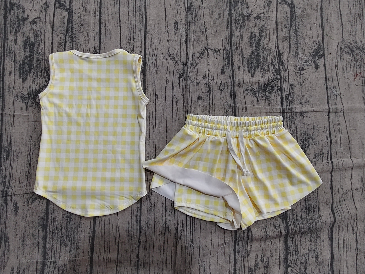 (Sample) No moq GSSO3475 Yoga Baby Girls Fashion Yellow Checked Sleeveless Top Yoga Shorts Set