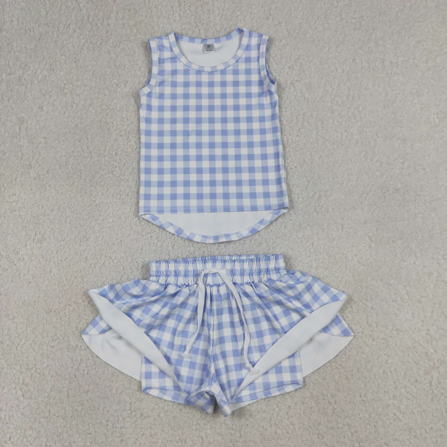 RTS NO MOQ Sibling Baby Girls Checked Vests Top with Butterfly Print Short Yoga Active Clothes Set for Kids