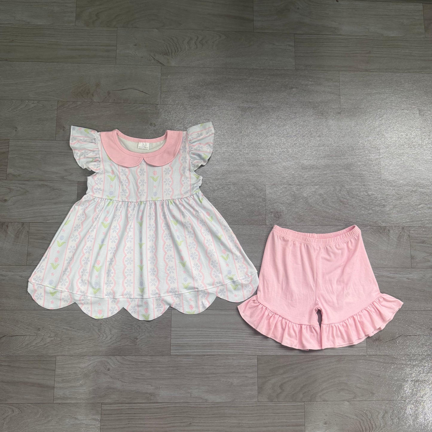 (Sample) No moq milk silk GSSO3490 Baby Girls Floral Print Stripe Long Sleeve Tunic Top Ruffle Shorts Outfit Set