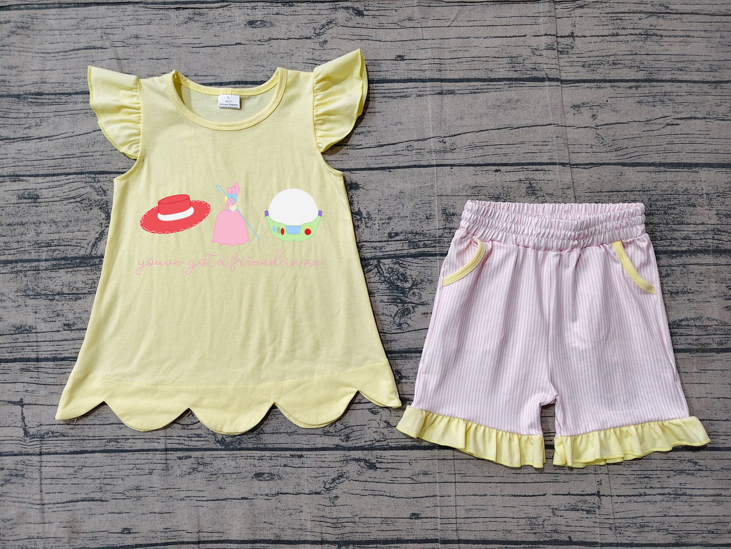 (Sample) No moq milk silk GSSO3495 Embroidery Friend Scallop Stripe Pocket Tunic Short Set For Baby Girls