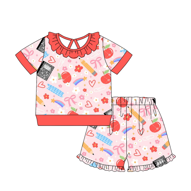 (Pre Order) No moq GSSO3525 Baby Girls Back To School Pencil Flower Apple Print Ruffle Short Sleeve Top Two Piece Outfit Set