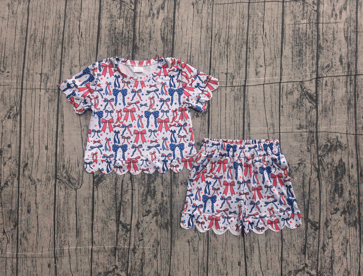 (Sample) No moq milk silk GSSO3548 Baby Girls Red Blue Bow Stars Decor Top Elastic Waist Scallop Pocket Shorts Sets