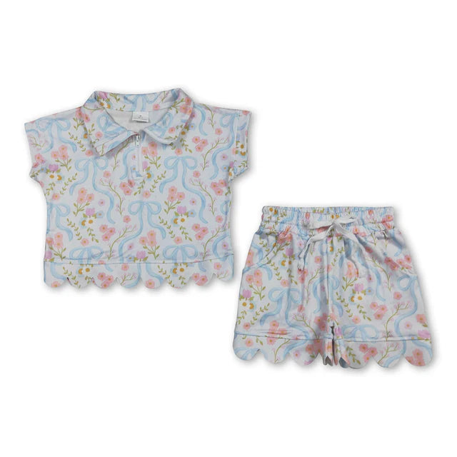 RTS NO MOQ Sibling milk silk Baby Girls Zip Front Pocket Top Scallop Edge Shorts Clothes Set