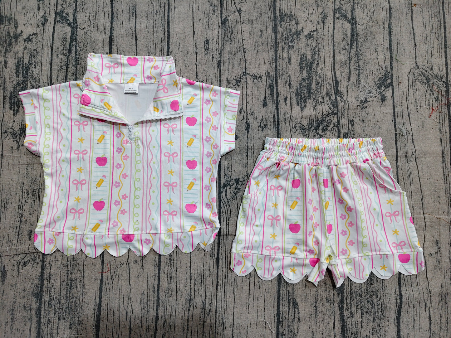 (Sample) No moq GSSO3582 Baby Girls Casual Back To School Pencils Flowers Scallop Short Set