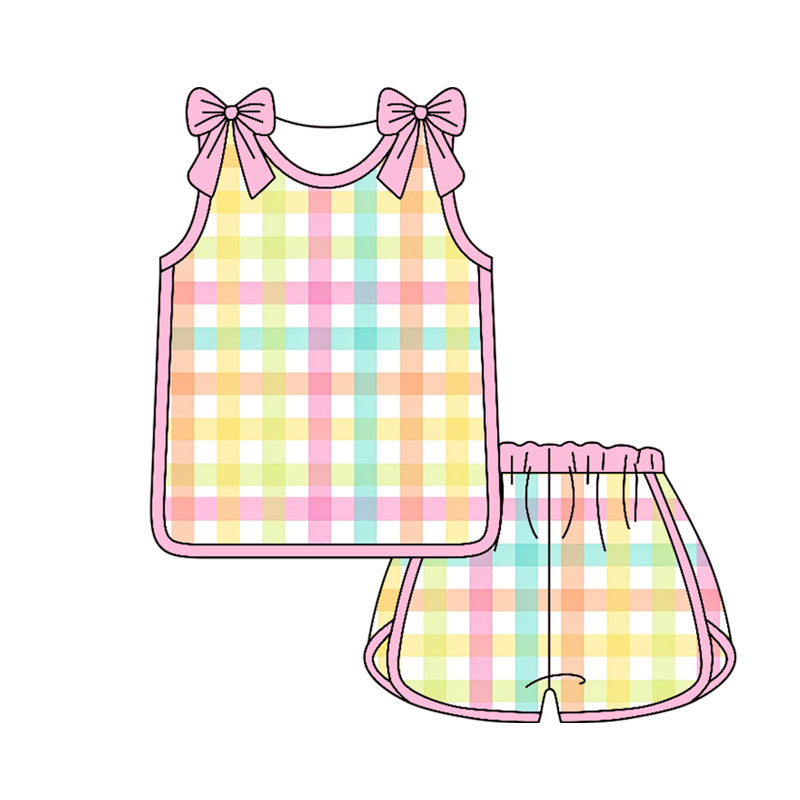 (Pre Order) No moq GSSO3659 Baby Girls Colorful Check Plaid Sleeveless Shirt Top Elastic Waist Shorts Two Piece Casual Summer Clothes Set