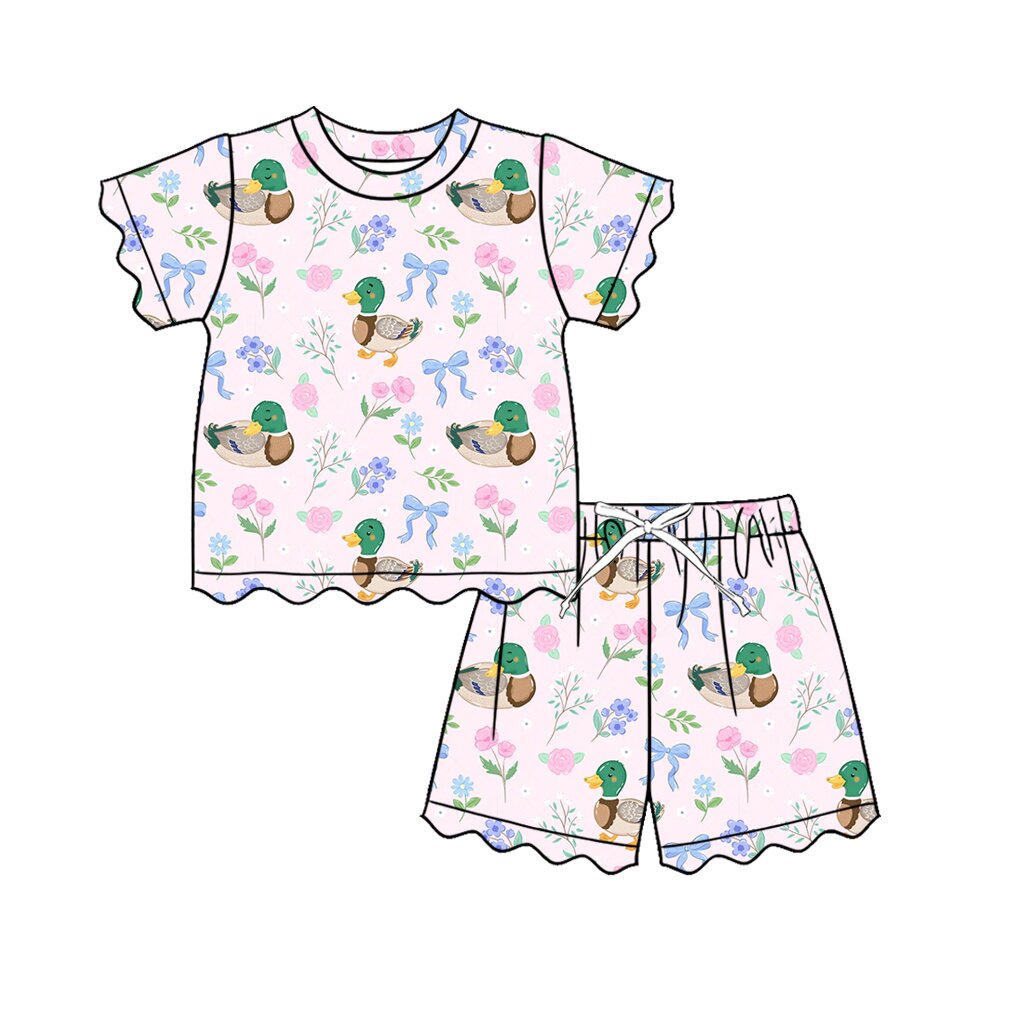 (Pre Order) No moq GSSO3737 Baby Girls Duck Flower Bow Top Scallop Trim Casual Shorts Outfit