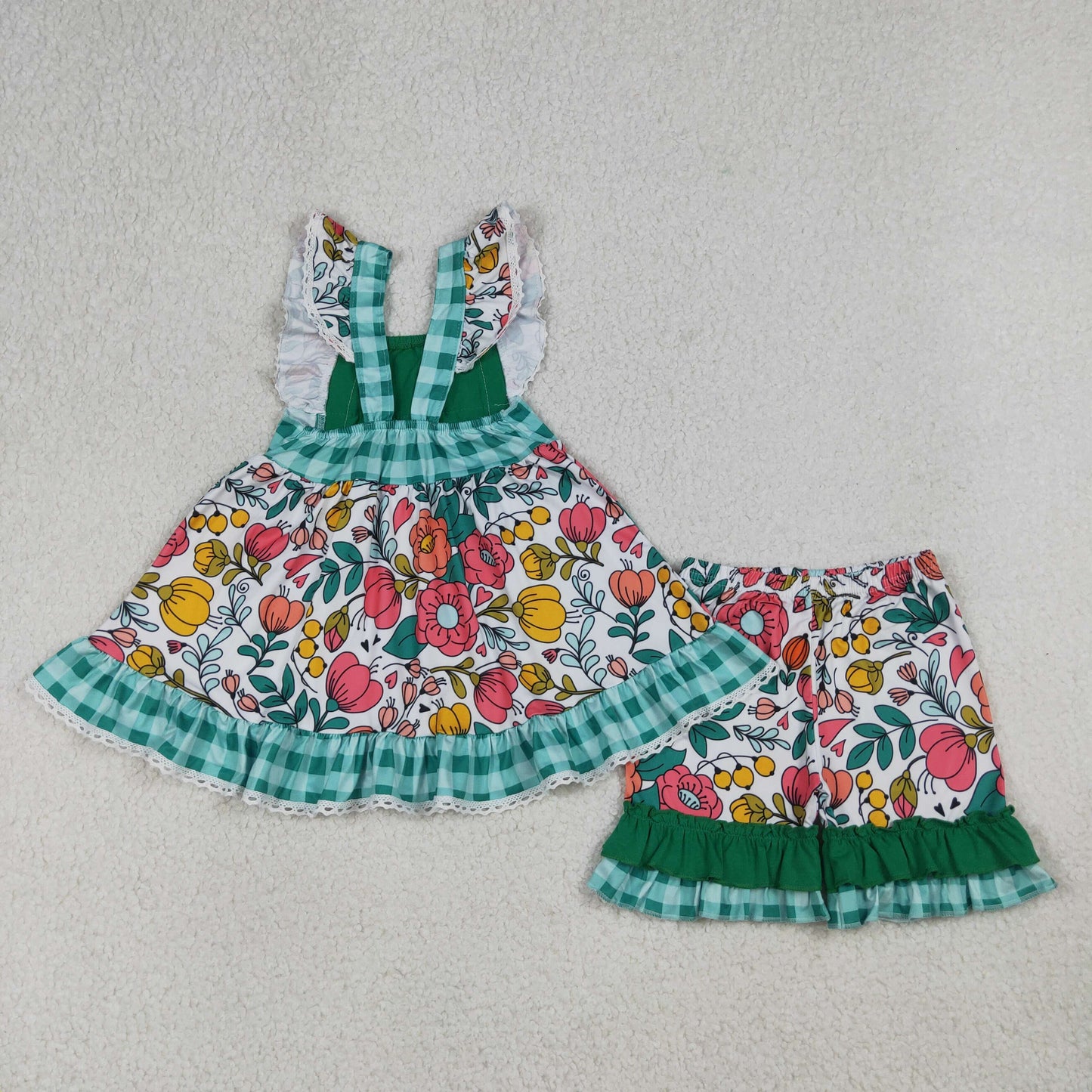 RTS NO MOQ Sibling Baby Girls' Tunic Ruffle Short Clothes Set with Flutter Sleeves And Flower Pockets
