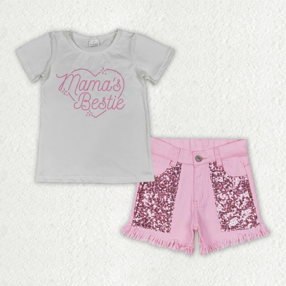 RTS NO MOQ GSSO3756(GT1565+SS0230) Baby Girls 'Mama's Bestie' Hearts Short Sleeve T-shirt Pink Sequin Denim Shorts Set for Infants