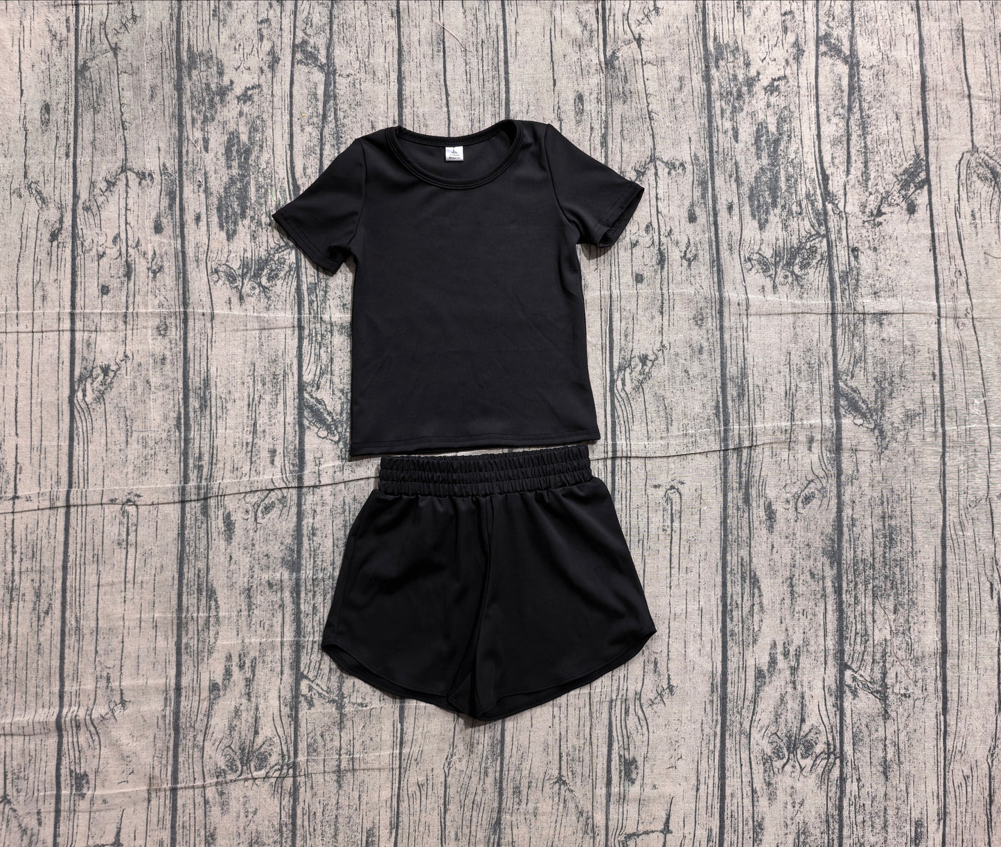 (Sample) No moq yoga fabric cotton GSSO3760(GT1629+SS0896)Baby Girls Black Short Sleeve Sport Short Yoga Wear Sets