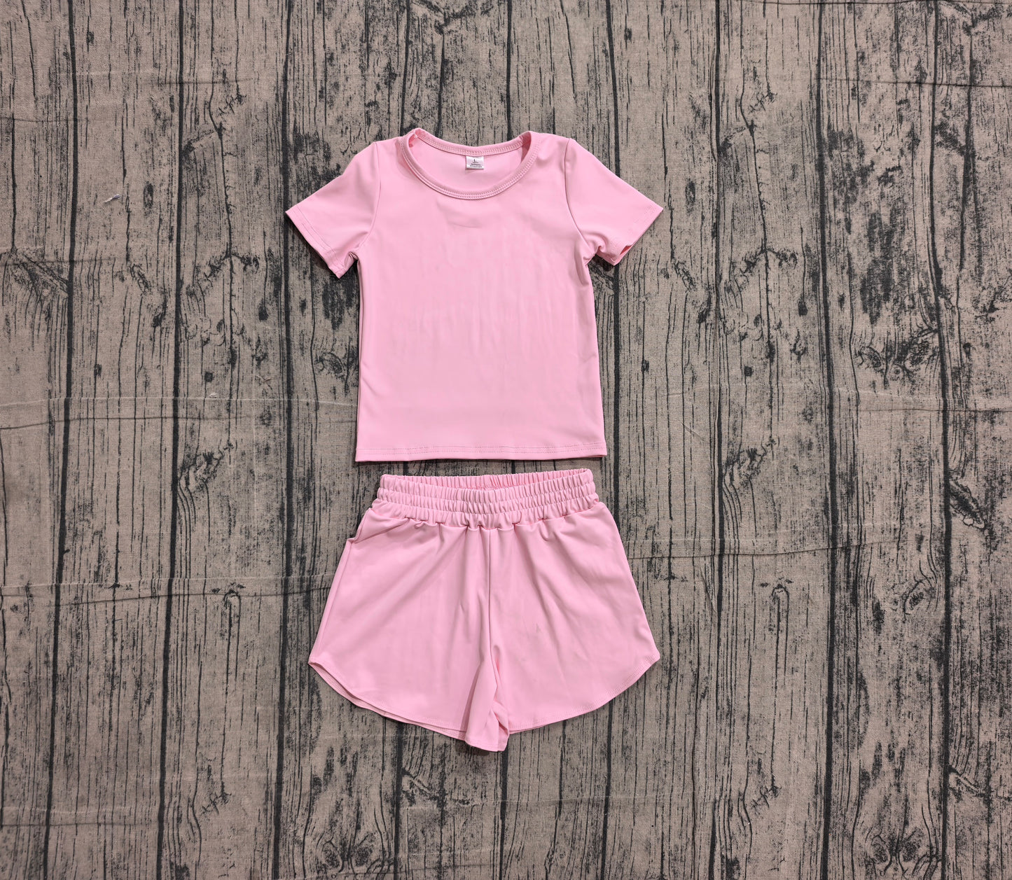 (Sample) No moq yoga fabric cotton GSSO3761(GT1630+SS0897)Baby Girls Pink Soft Short Sleeve Top Elastic Waist Sport Shorts Sets