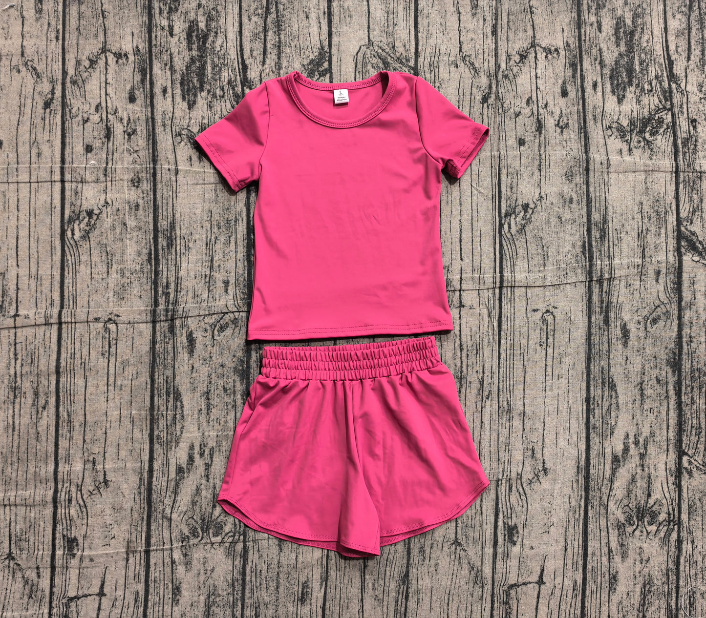 (Sample) No moq yoga fabric cotton GSSO3764(GT1633+SS0900)Baby Girls Fashion Hot Pink Short Sleeve Outdoor Sport Yoga Sets