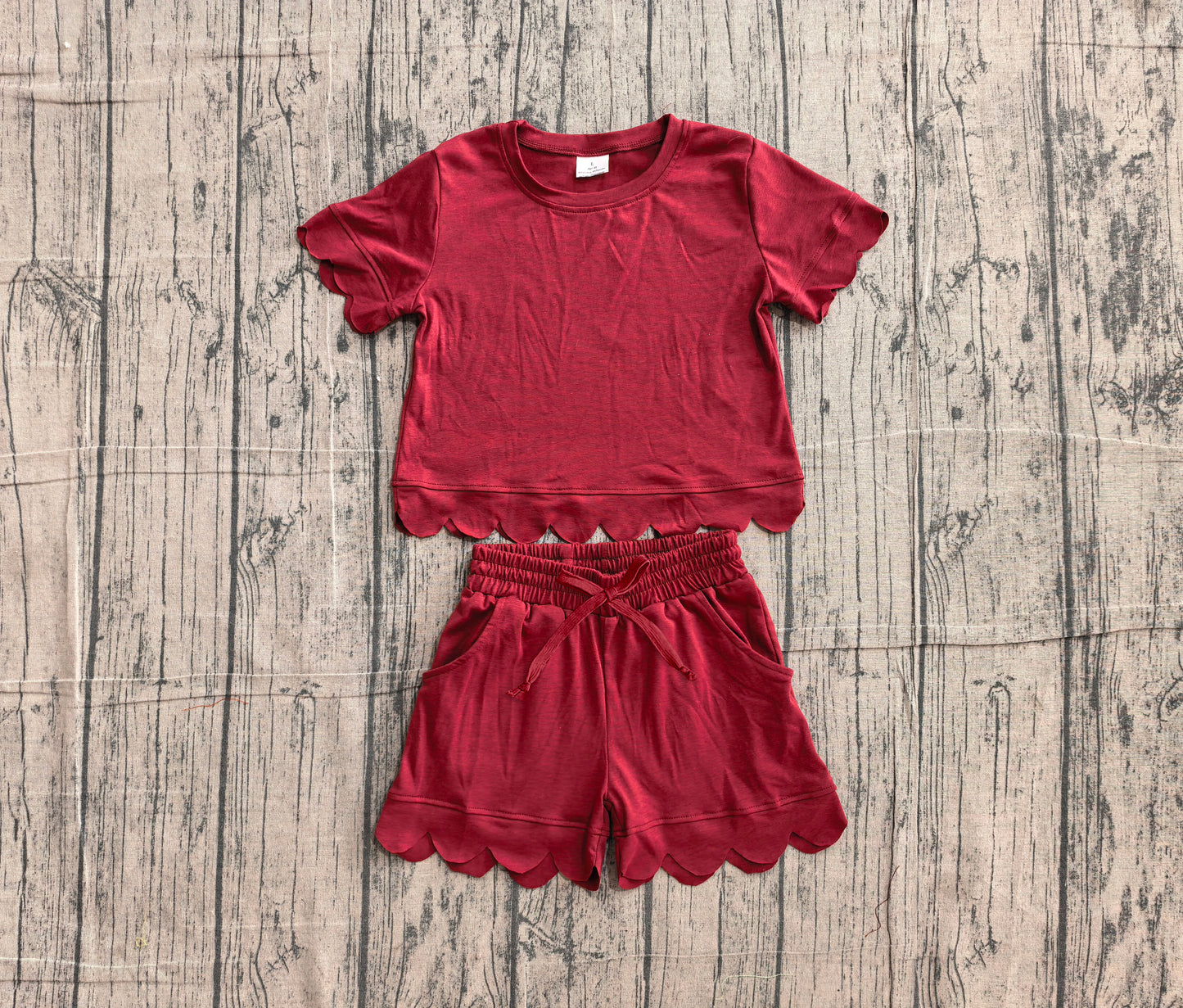(Sample) No moq GSSO3778 Baby Girls Maroon Short Sleeve Cotton Top Scallop Hem Shorts Two Piece Casual Clothes Set