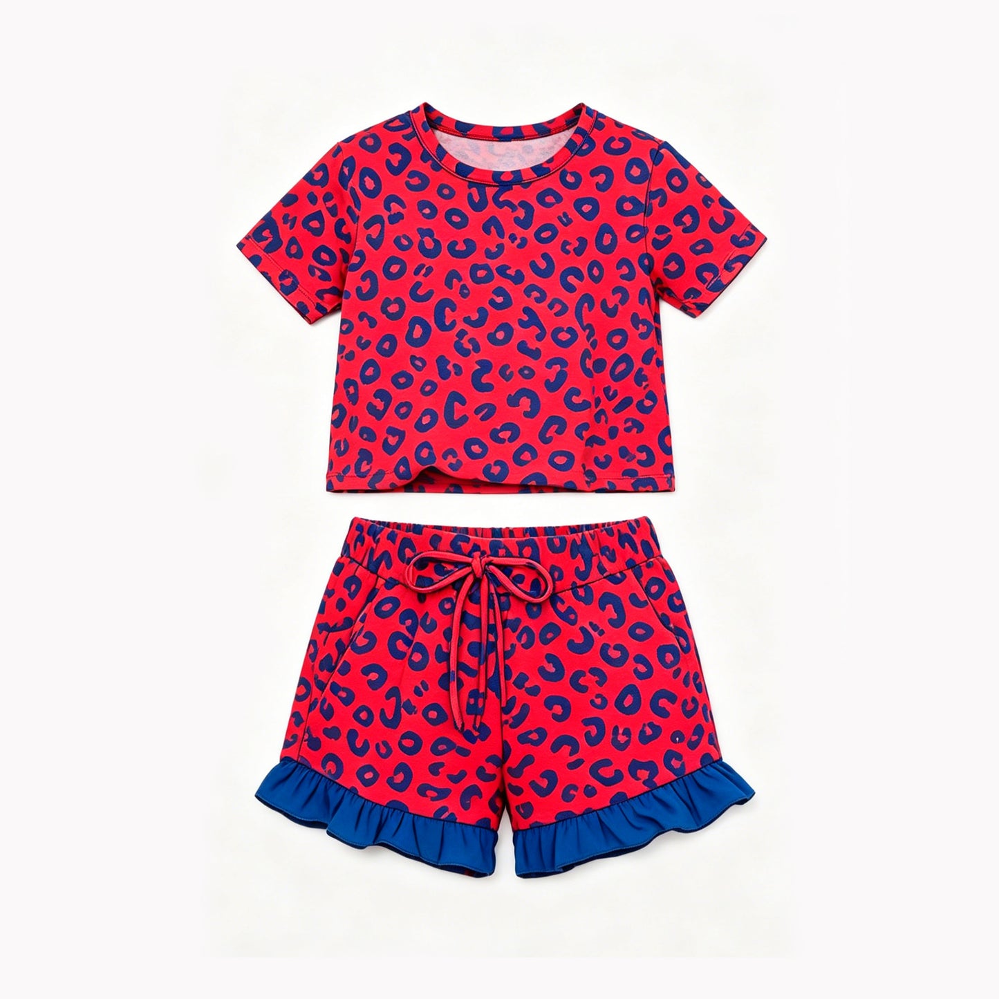 (Preorder new) No moq GSSO3811 Baby Girls Fashion Pink Leopard Pocket Top Ruffle Hem Shorts All Season Outfit