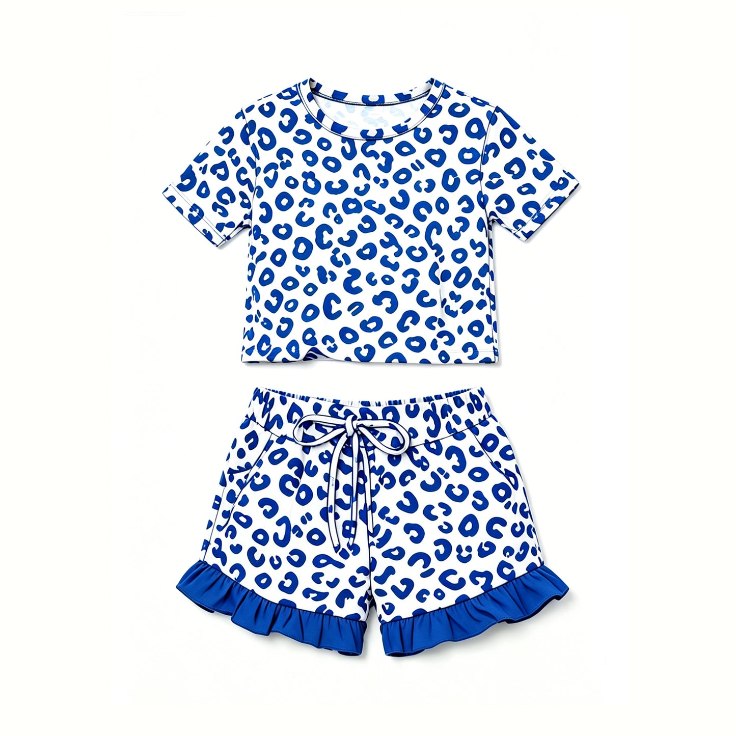 (Preorder new) No moq GSSO3813 Baby Girls Blue Leopard Crew Neck Top Side Pockets Elastic Ruffle Hem Shorts Two Piece Outfit