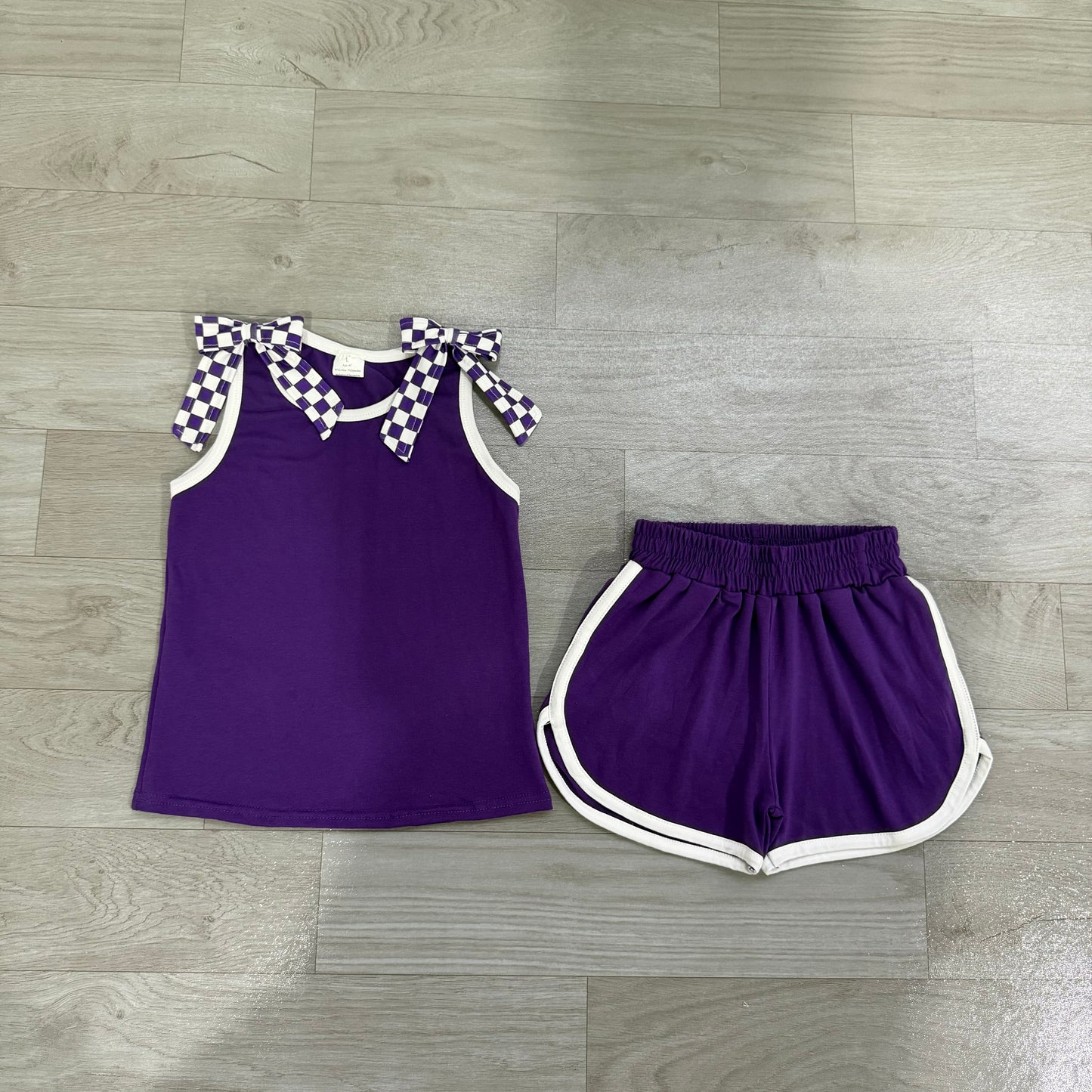 (Sample) No moq milk silk GSSO3814 Baby Girls Purple Checked Bow Sleeveless Top Elastic Waist Short Bottom Outfit Set