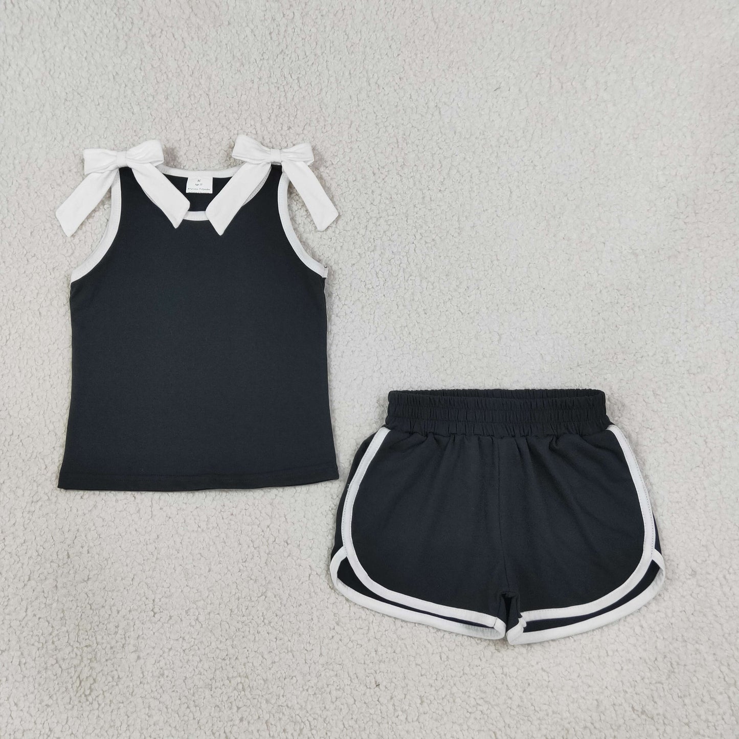 RTS No moq milk silk GSSO3817 Baby Girls Black White Bows Sleeveless Top Short Clothes Sets