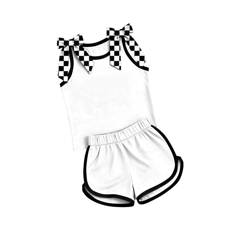 (Preorder new) No moq Baby Girls Bow Print Sleeveless Tank Top And Shorts Two Piece Matching Clothes Sets