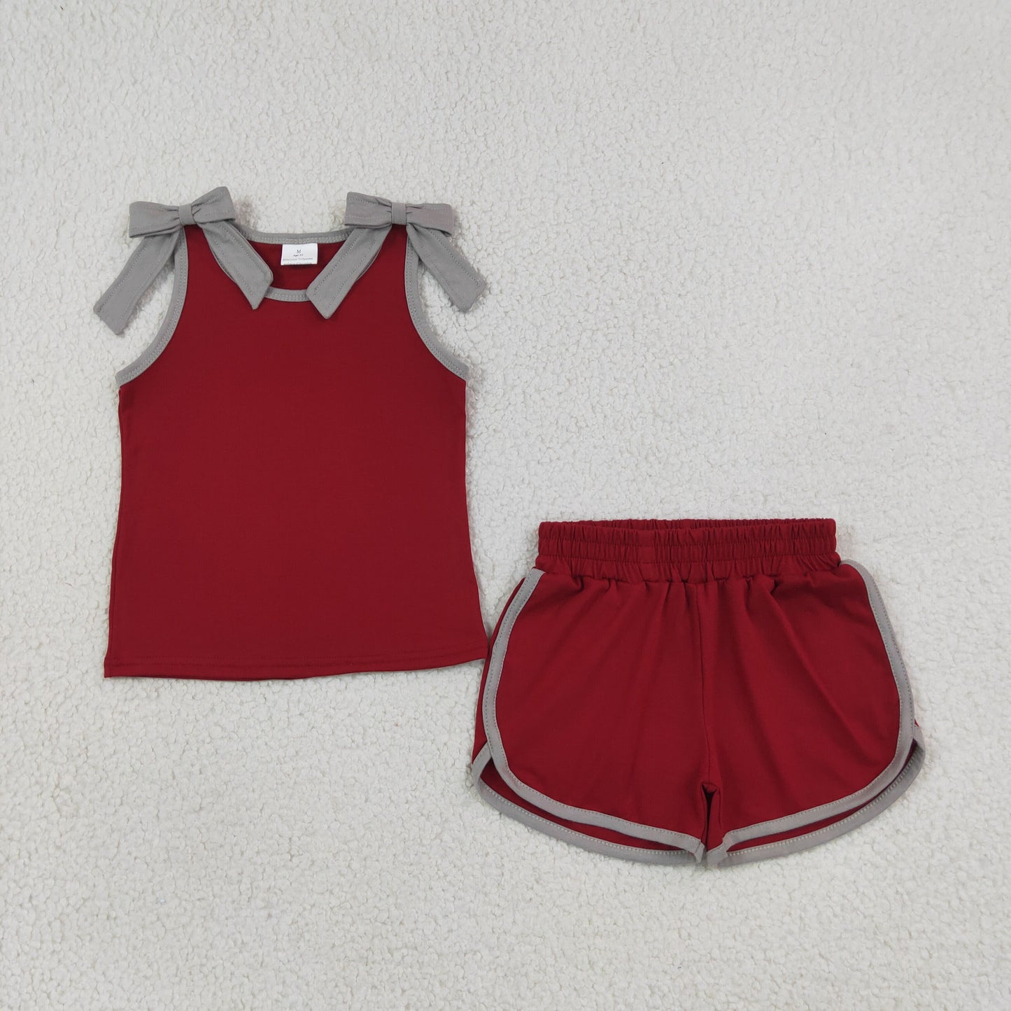 RTS No moq cotton GSSO3820 Baby Girls Grey Bows Maroon Sleeveless Top Short Clothes Sets