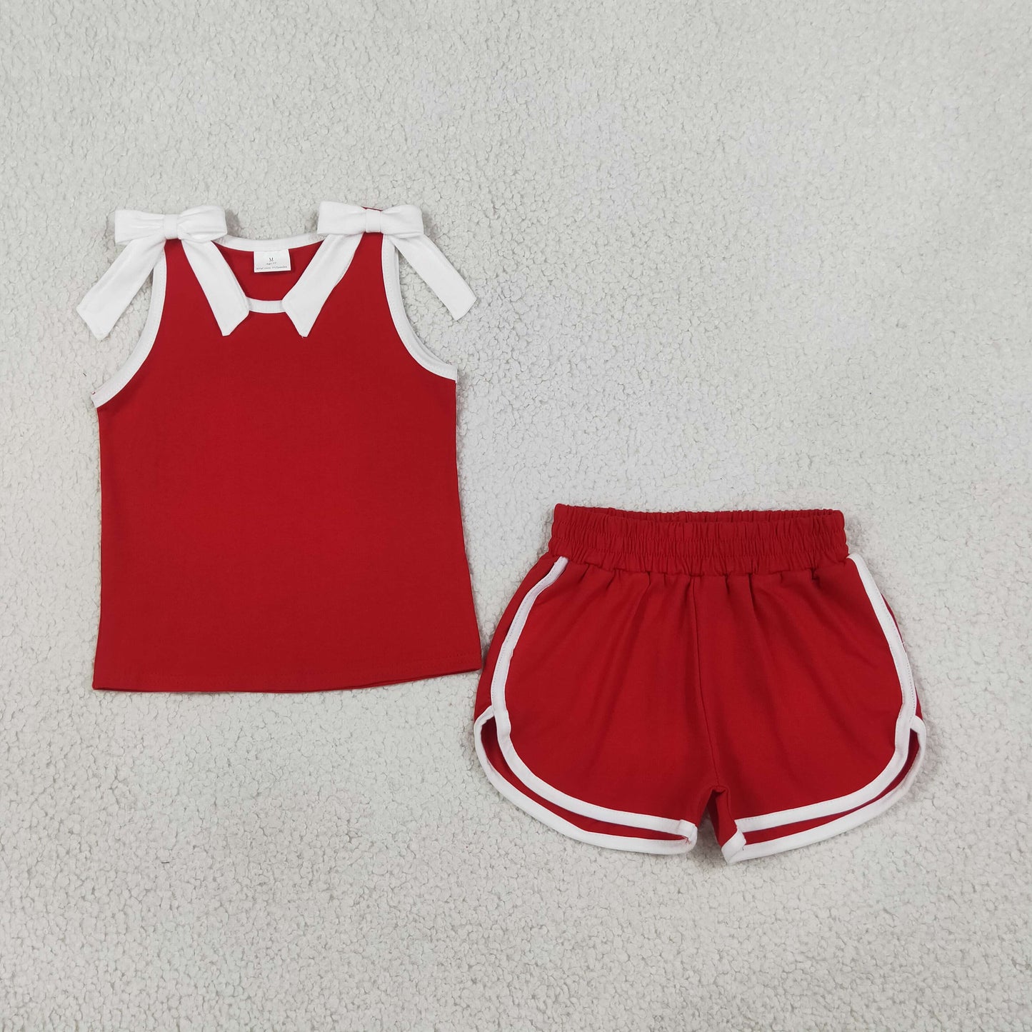 NEW RTS NO MOQ milk silk GSSO3821 Baby Girls Red White Bows Sleeveless Top Short Clothes Sets