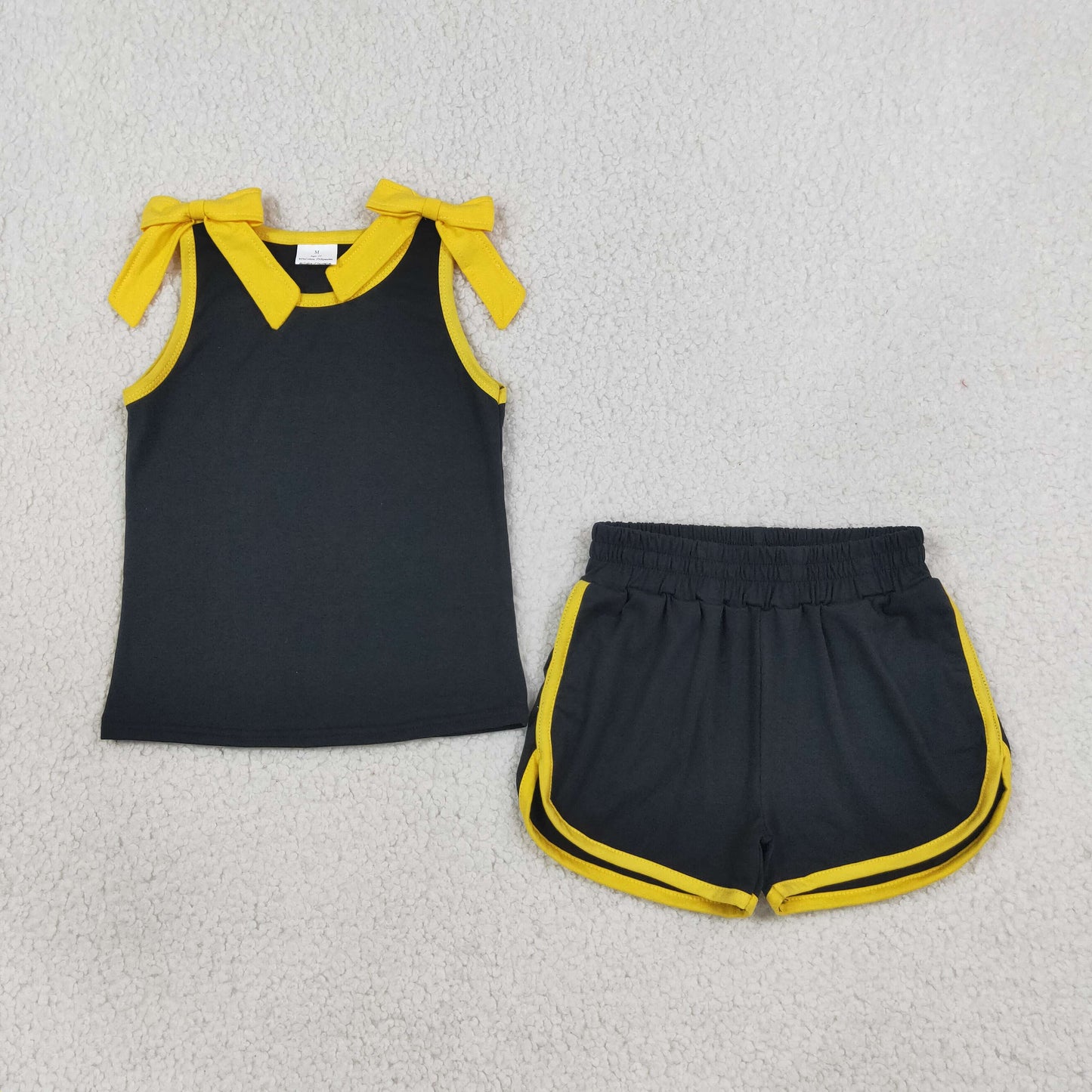NEW RTS NO MOQ milk silk GSSO3823 Baby Girls Yellow Bows Black Sleeveless Top Short Clothes Sets