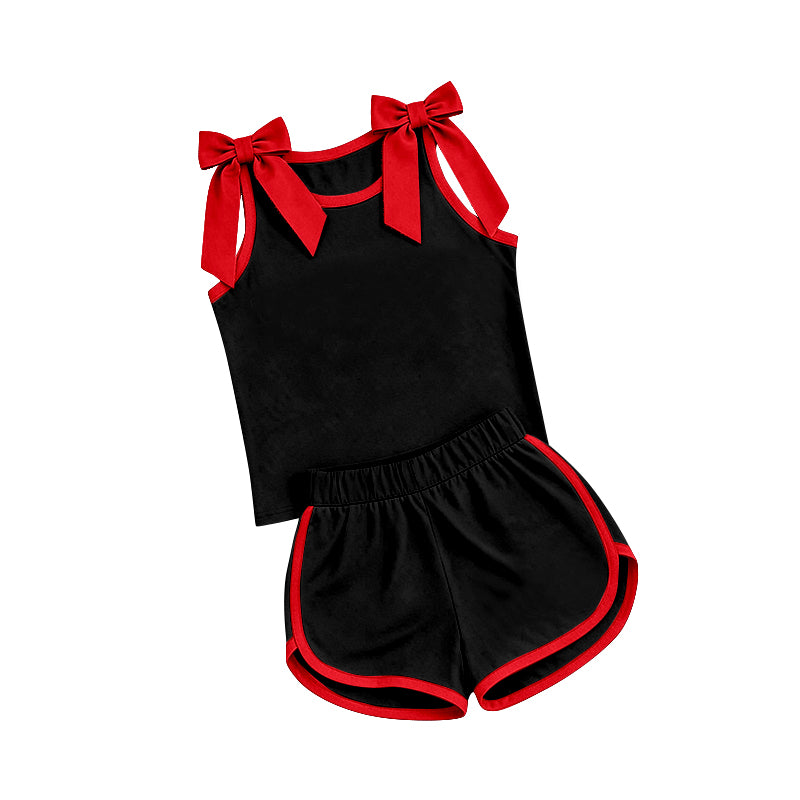 (Preorder new) No moq GSSO3827 Baby Girls Black Red Bows Sleeveless Top Shorts Two Piece Summer Sets