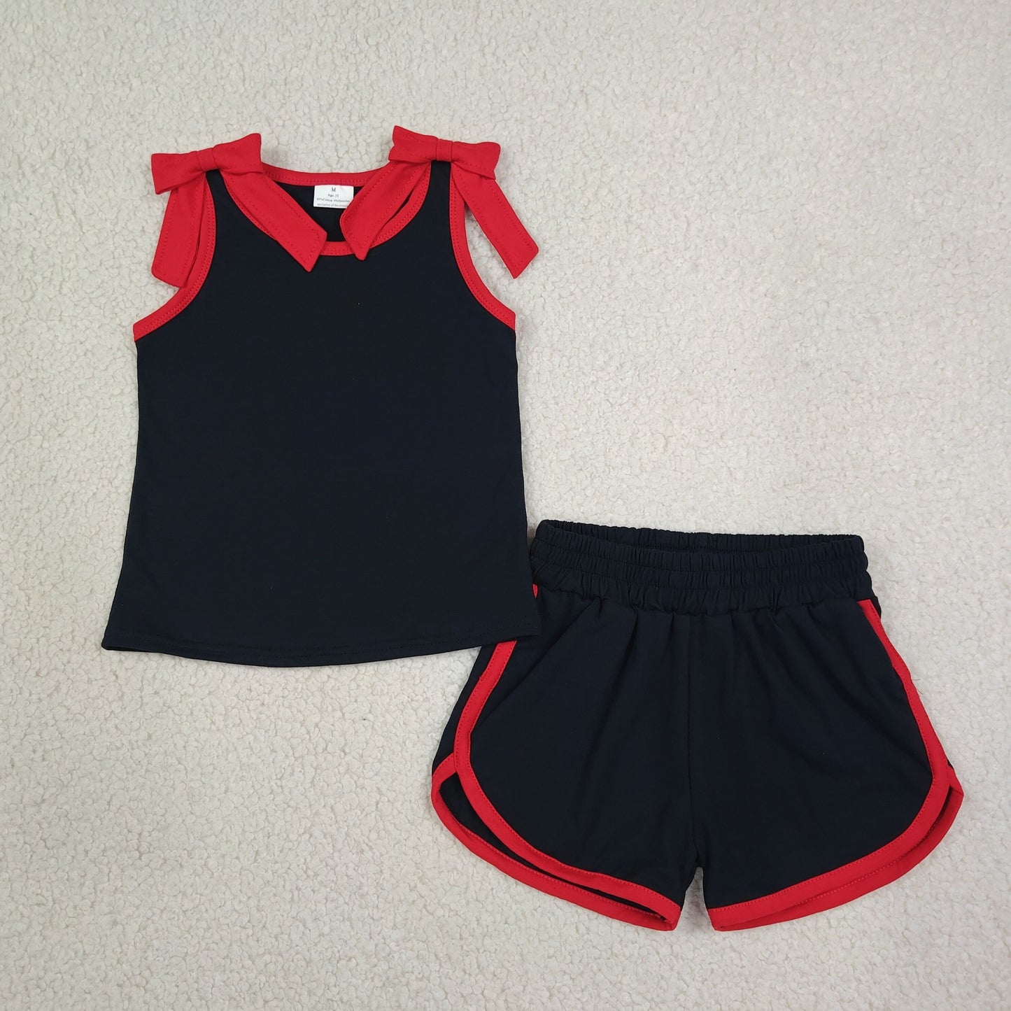 NEW RTS NO MOQ milk silk GSSO3827 Baby Girls Black Red Bows Sleeveless Top Short Clothes Sets
