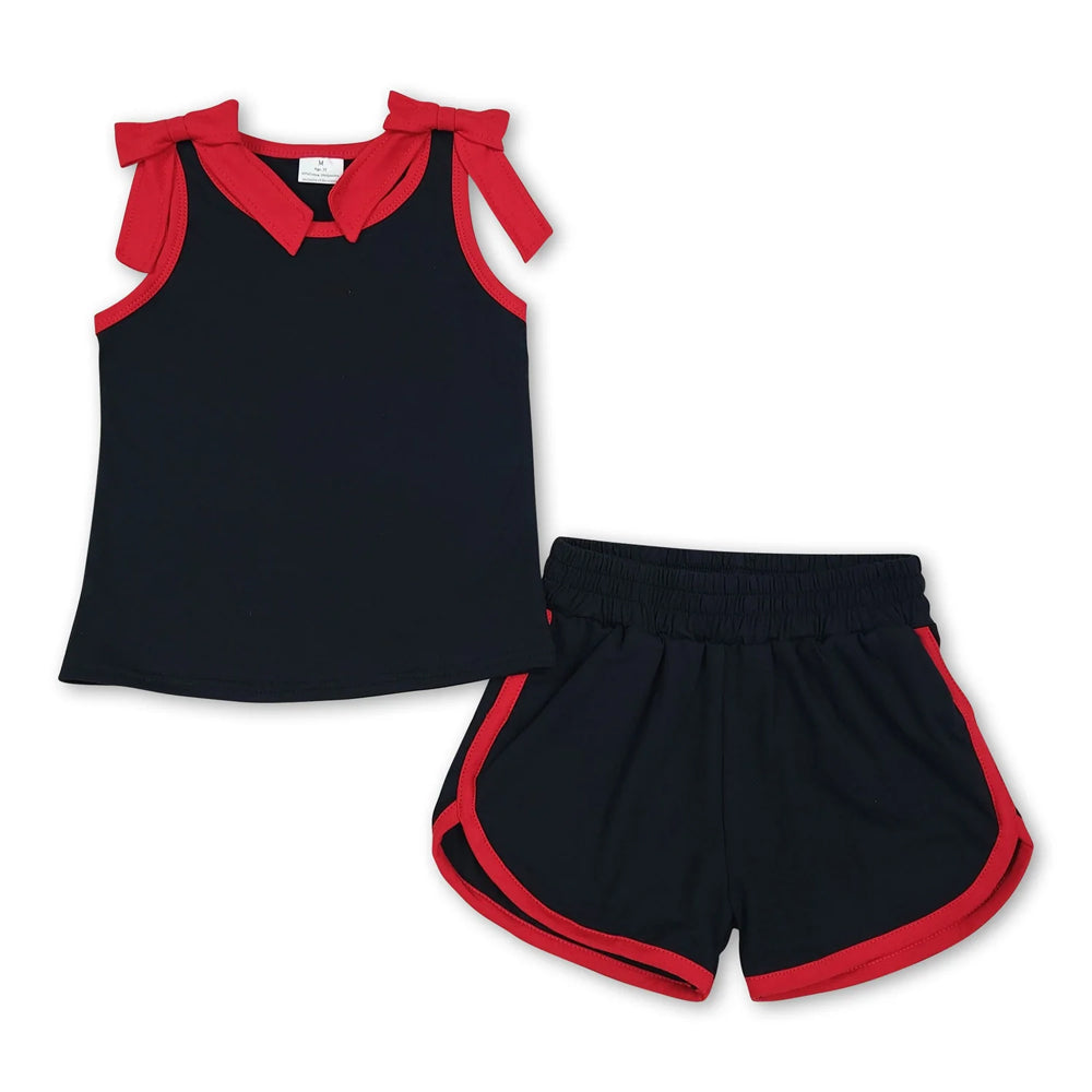RTS NO MOQ Sibling cotton Baby Girls Bows Sleeveless Top Short Clothes Sets Summer Casual Outfit