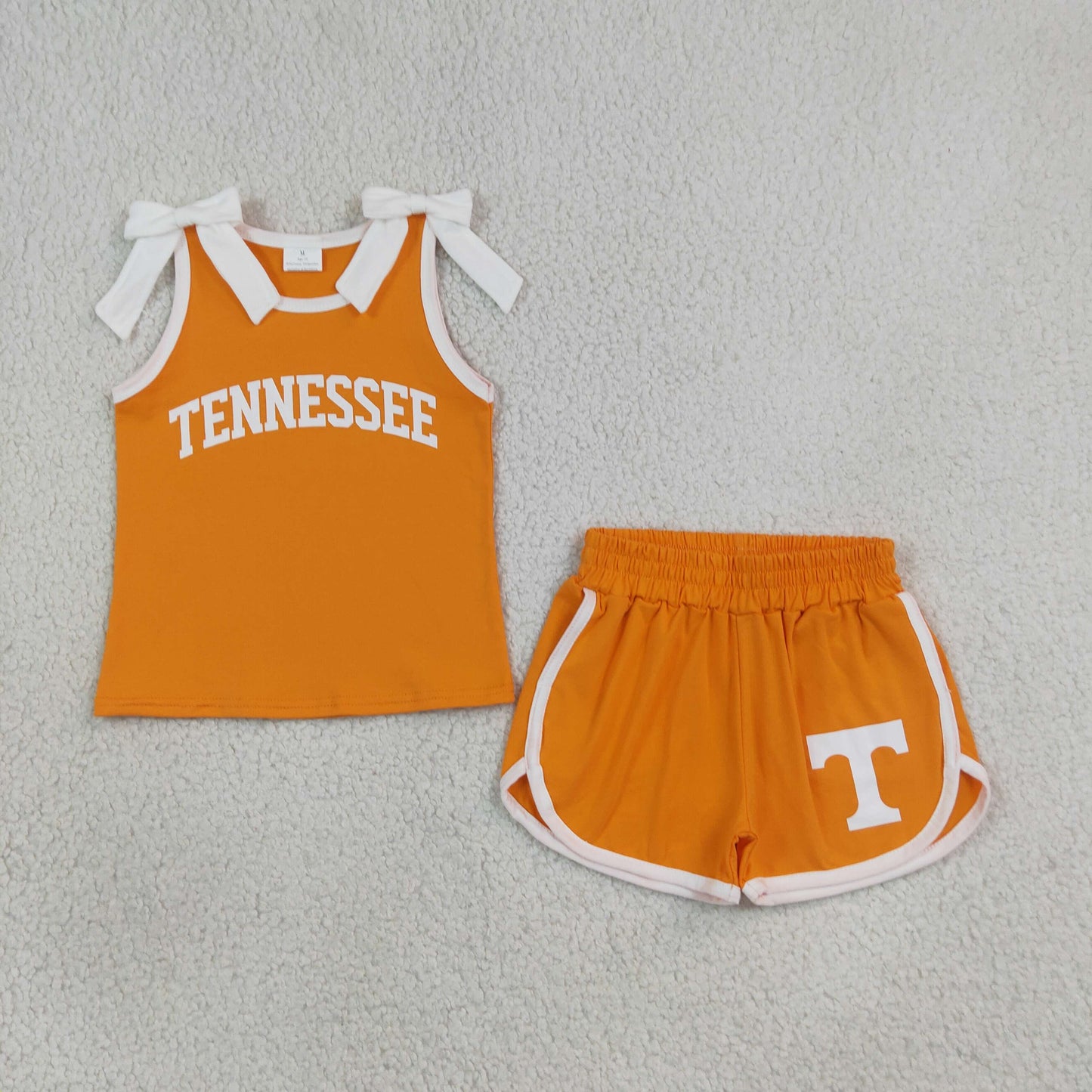 NEW RTS NO MOQ Vinyl GSSO3829 Baby Girls Orange White Bows Vinyl Tennessee Top Short Team Clothes Sets