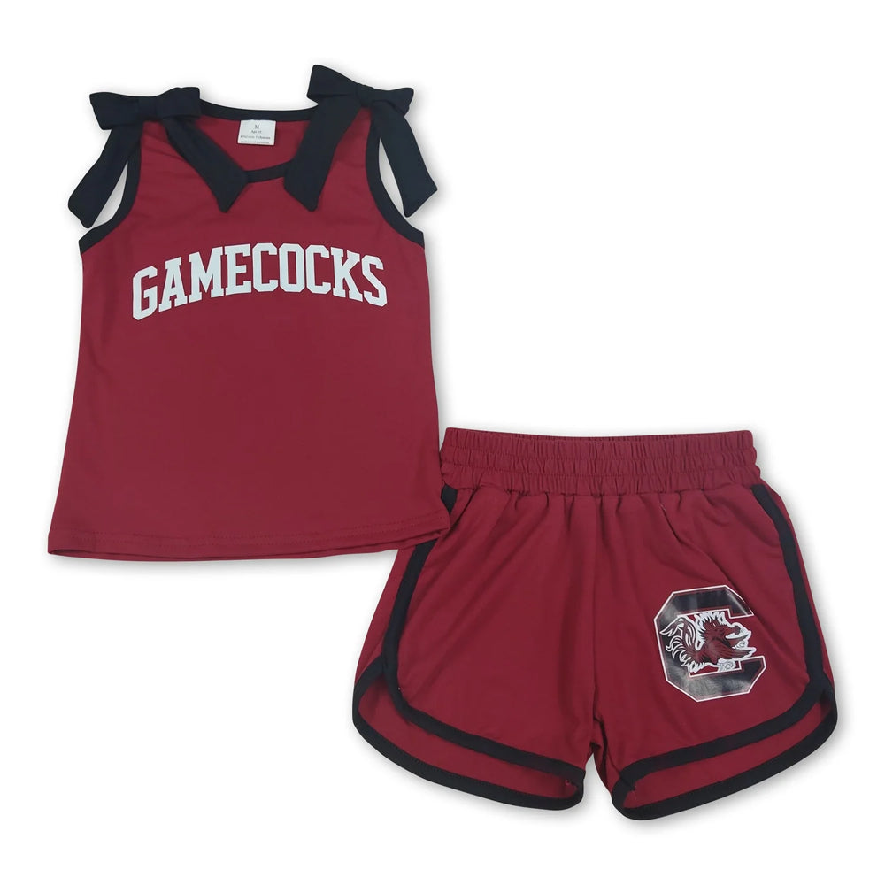 RTS NO MOQ Sibling Vinyl Baby Girls Team Graphic Top With White Bow Matching Shorts Team Clothes Set