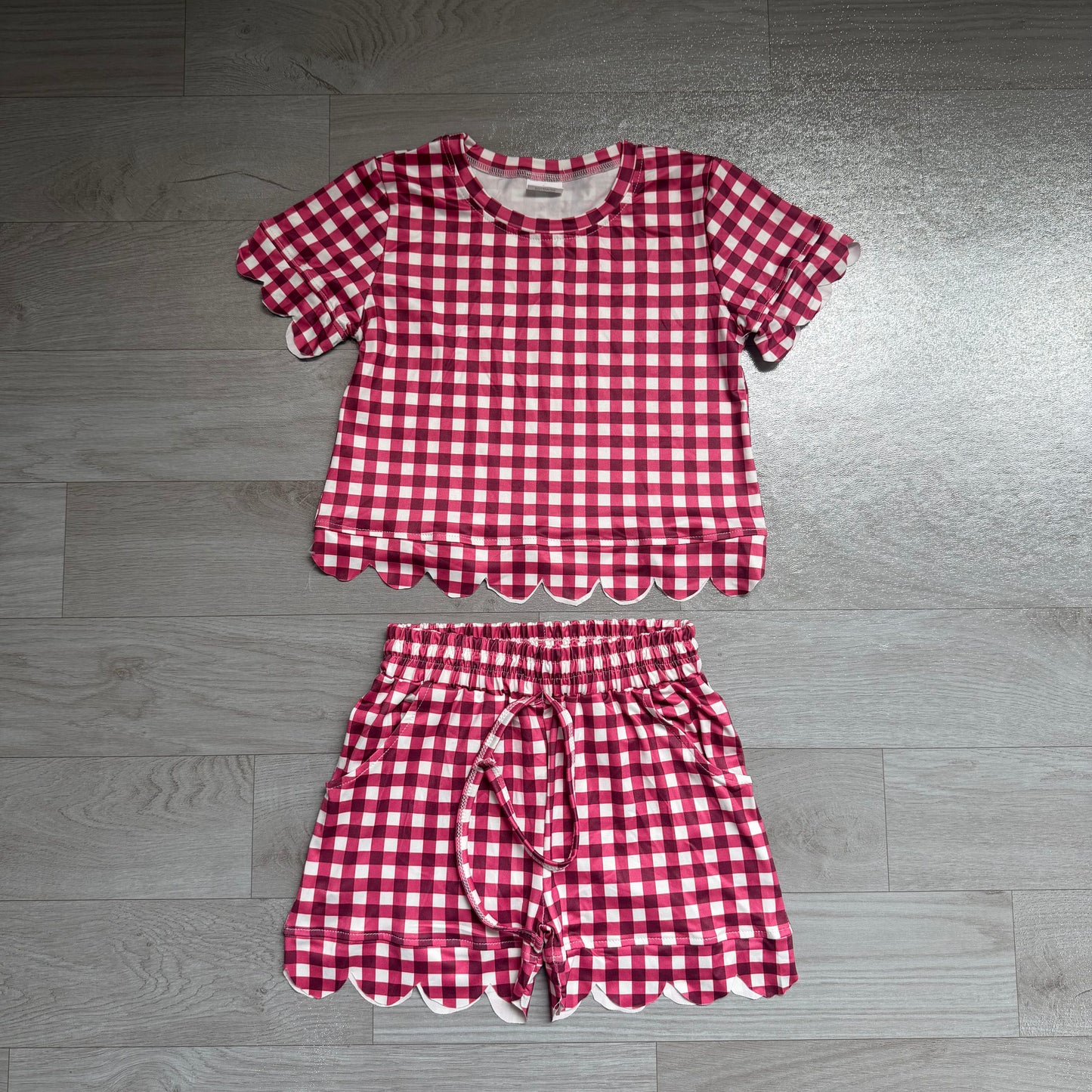 (Sample) No moq milk silk GSSO3836 Baby Girls Maroon Plaid Checked Short Sleeve Shirt Top And Scallop Hem Shorts Clothes Set