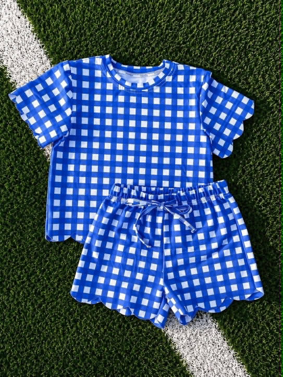 (Preorder new) No moq GSSO3837 Baby Girls Blue Plaid Short Sleeve Shirt Scallop Hem Shorts Outfit Set