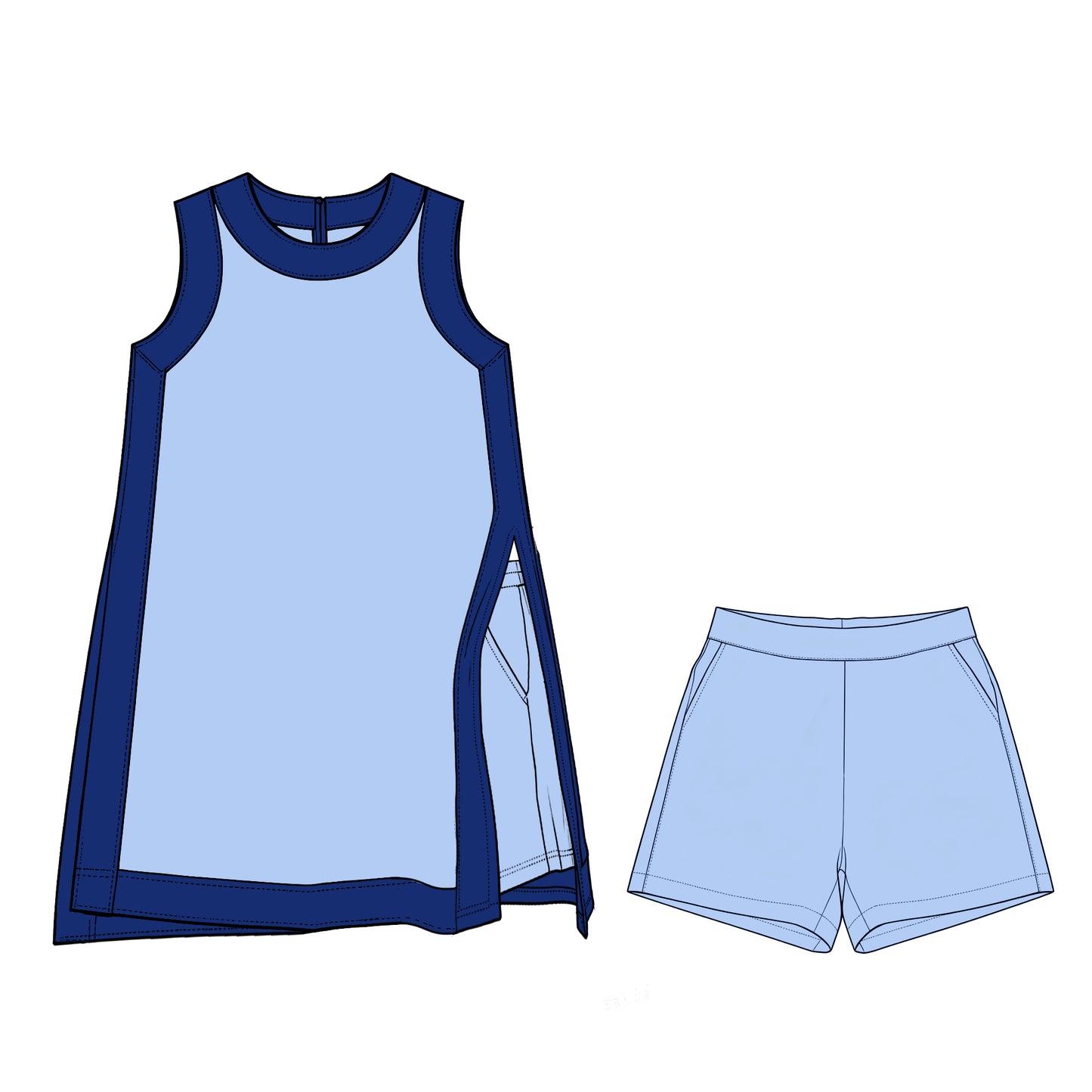 (Preorder new) No moq GSSO3847 Yoga Baby Girls Light Blue Sleeveless Top Split Hem Short Yoga Skirt Active Clothes Set
