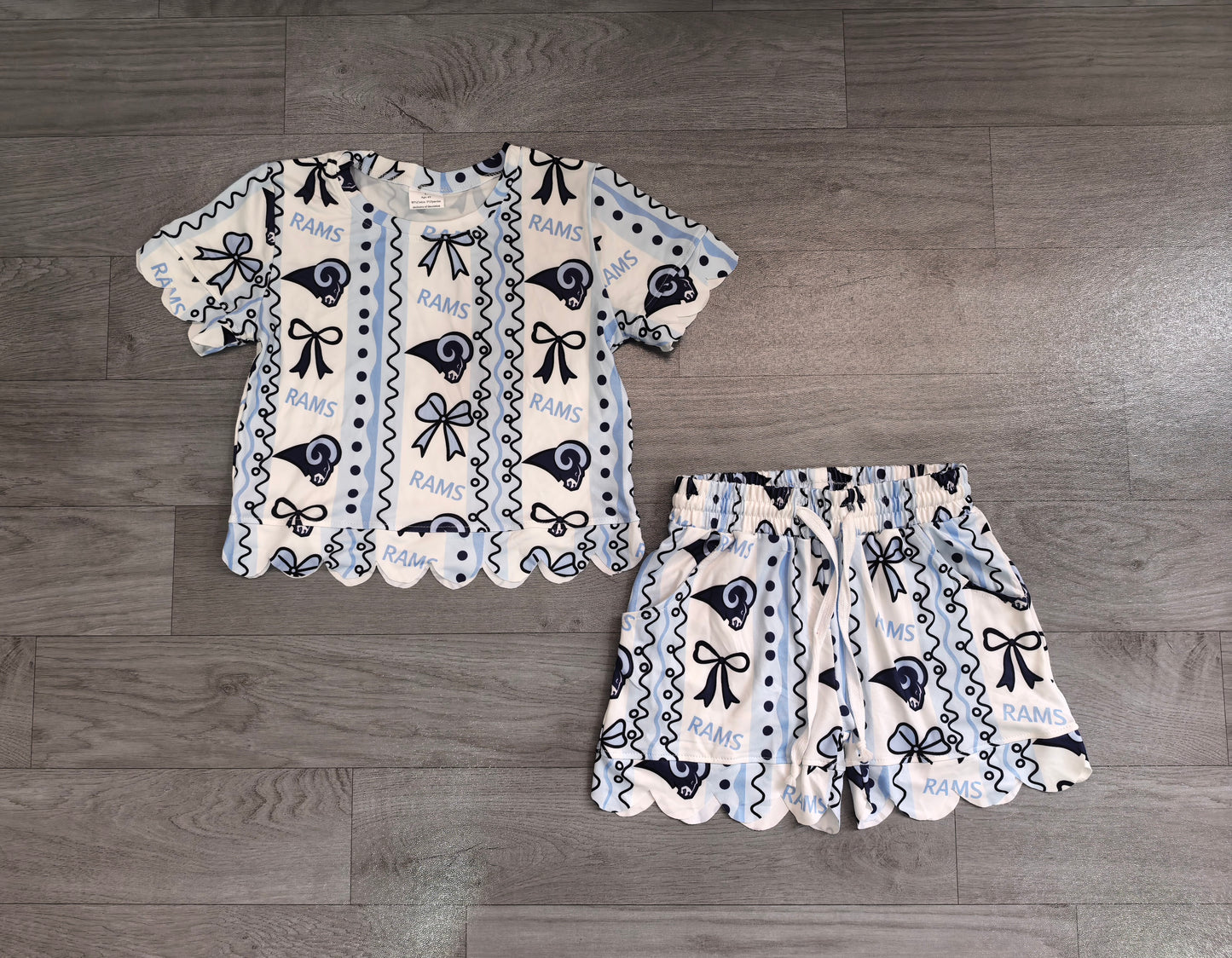 (Sample) No moq milk silk GSSO3853 Baby Girls Rams Bows Stripe Top Short Team Scallop Clothes Sets