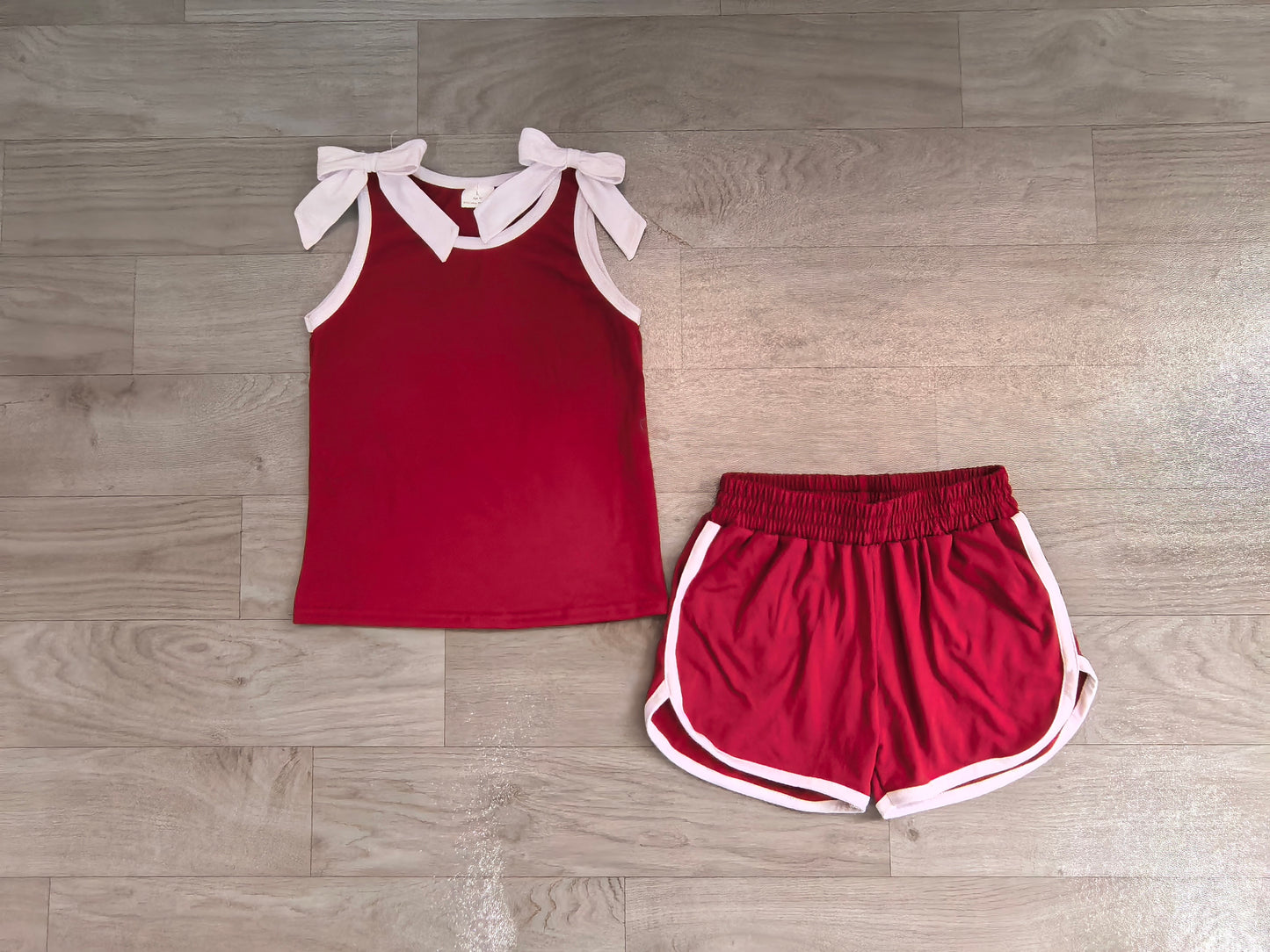 (Sample) No moq milk silk GSSO3855 Baby Girls Maroon White Bows Sleeveless Vest Top Short Clothes Sets
