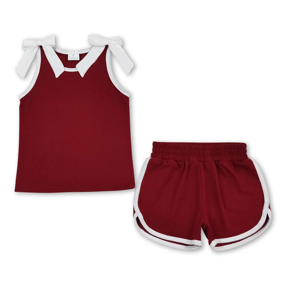RTS NO MOQ Sibling yoga fabric cotton Baby Girls Maroon White Trim Sleeveless Tank Top Skort Set Bow Strap Sleeveless Tank Short Set