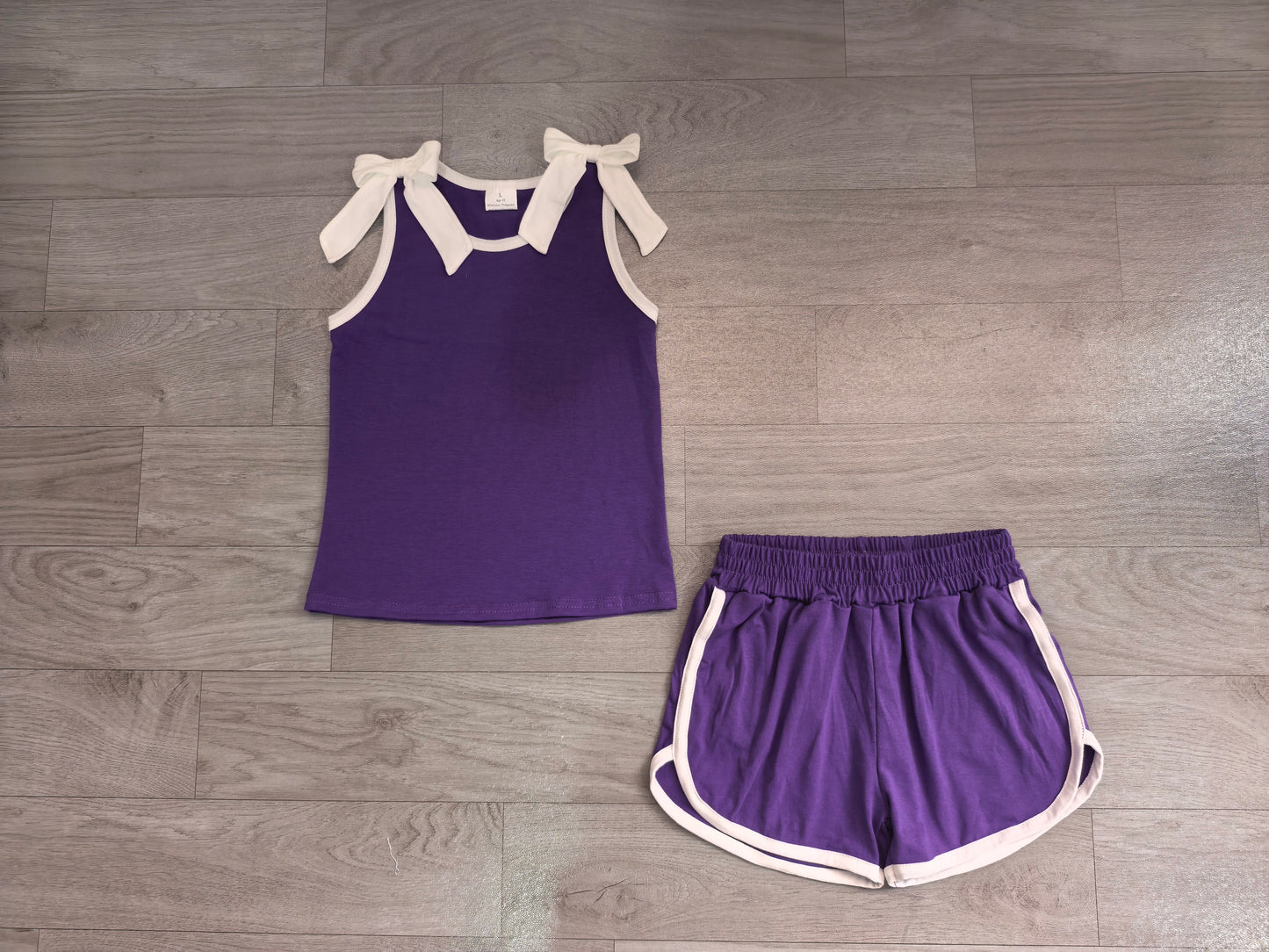 (Sample) No moq milk silk GSSO3858 Baby Girls Purple White Bows Sleeveless Vest Top Short Clothes Sets