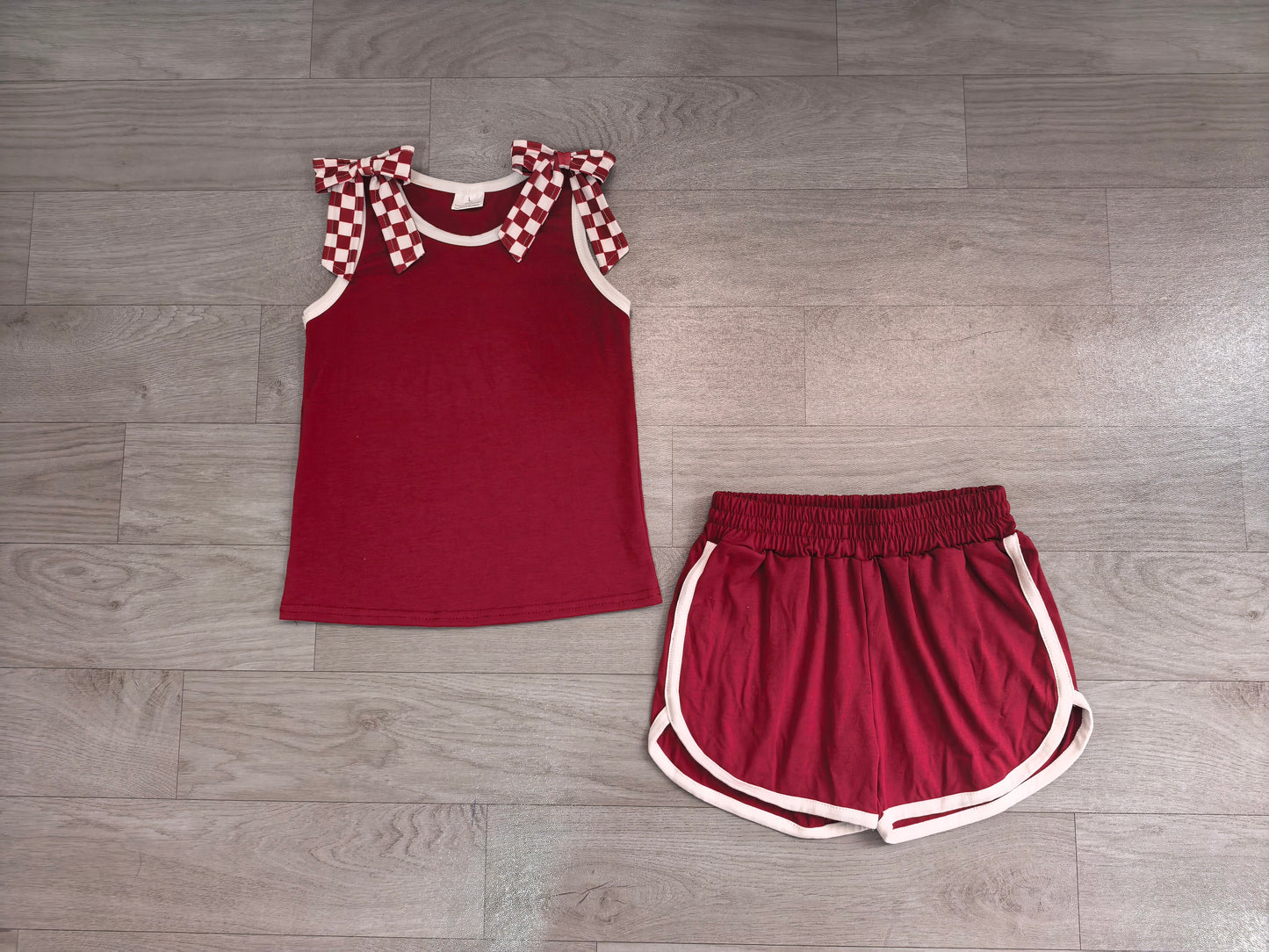 (Sample) No moq milk silk GSSO3859 Baby Girls Maroon Checked Bows Sleeveless Vest Short Clothes Sets