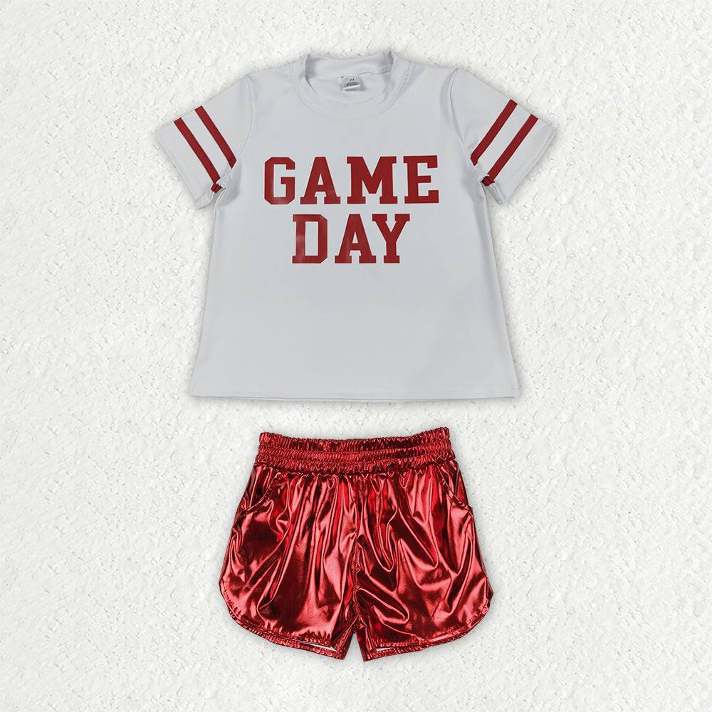 NEW RTS NO MOQ yoga fabric GSSO3870(GT1102+SS0415)Baby Girls Short Sleeve Yoga Top Red Leather Shorts Team Clothes Set