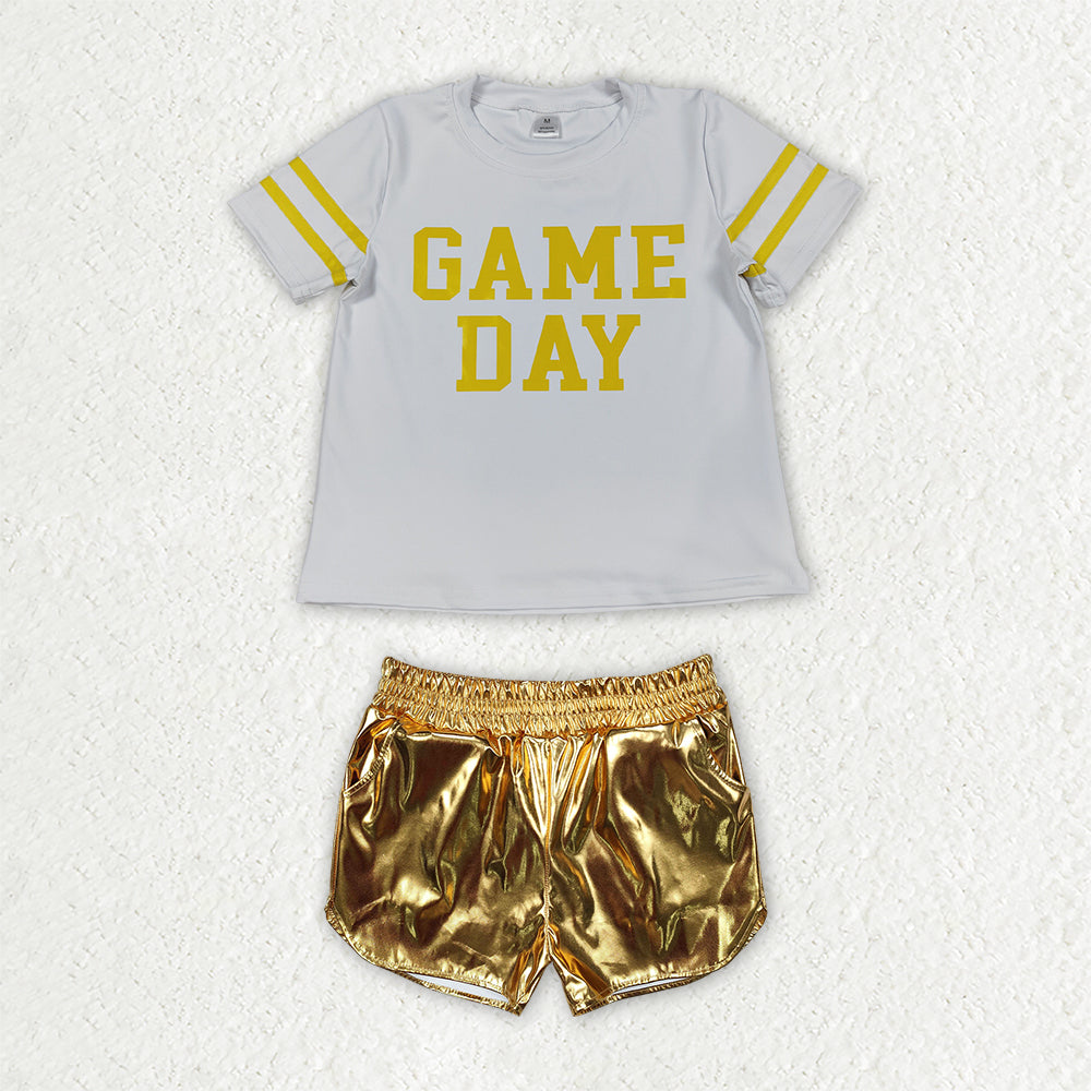 NEW RTS NO MOQ yoga fabric GSSO3872(GT1115+SS0417)Baby Girls Short Sleeve Yoga Top Yellow Leather Shorts Team Clothes Set