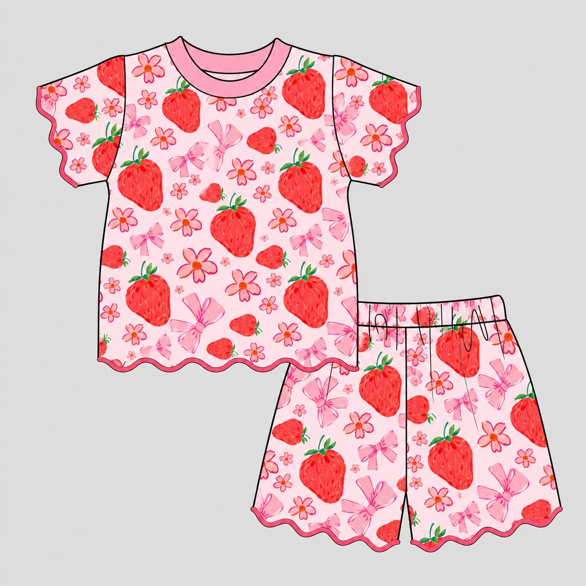 (Preorder new) No moq GSSO3874 Baby Girls Strawberry Flower Bow Print Ruffle Short Sleeve Top And Ruffle Short Summer Set